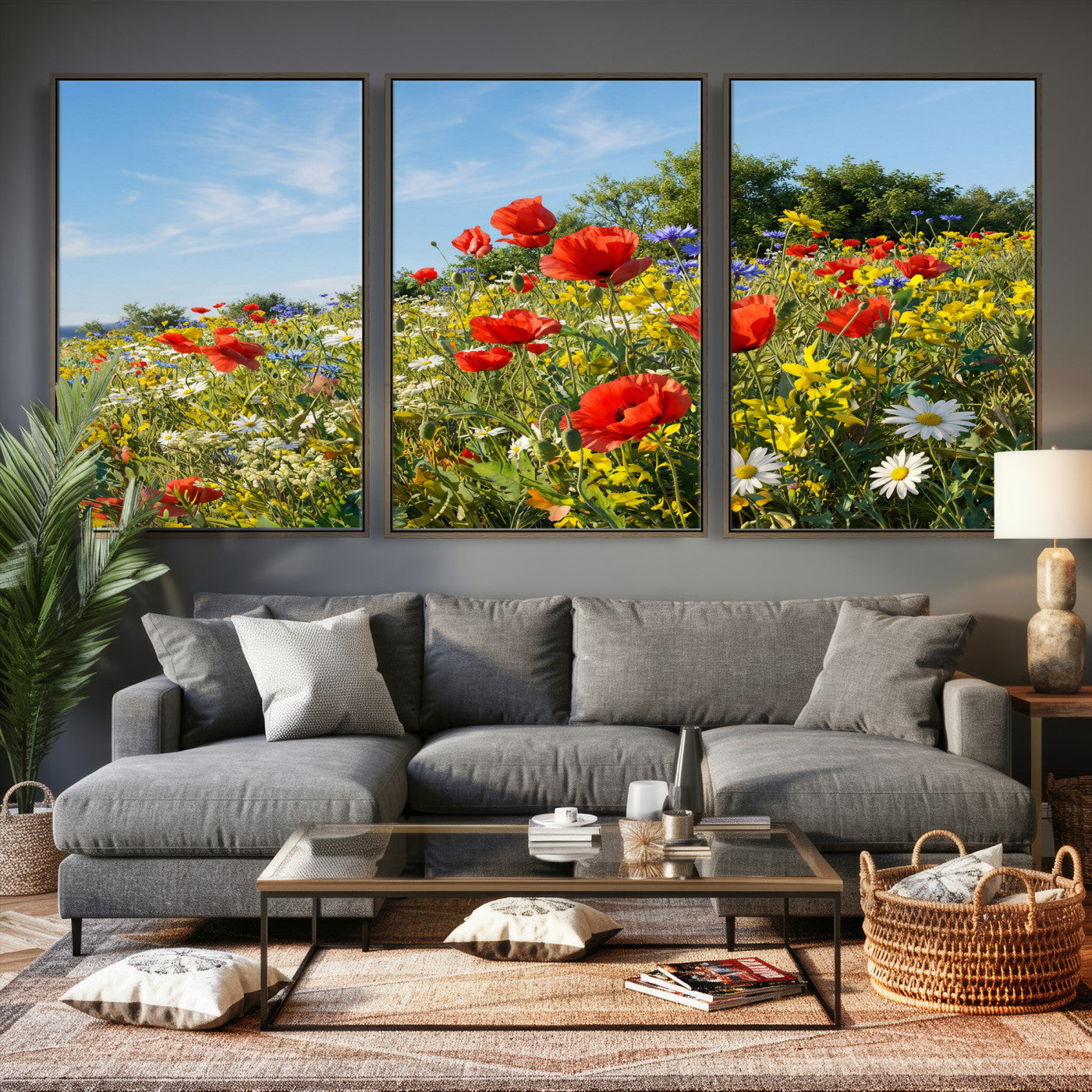 38570784-MGV-CV-36X24 - Wildflower Meadow Wall Art Canvas Print – Colorful Poppy and Daisy Field Landscape Artwork for Living Room Decor