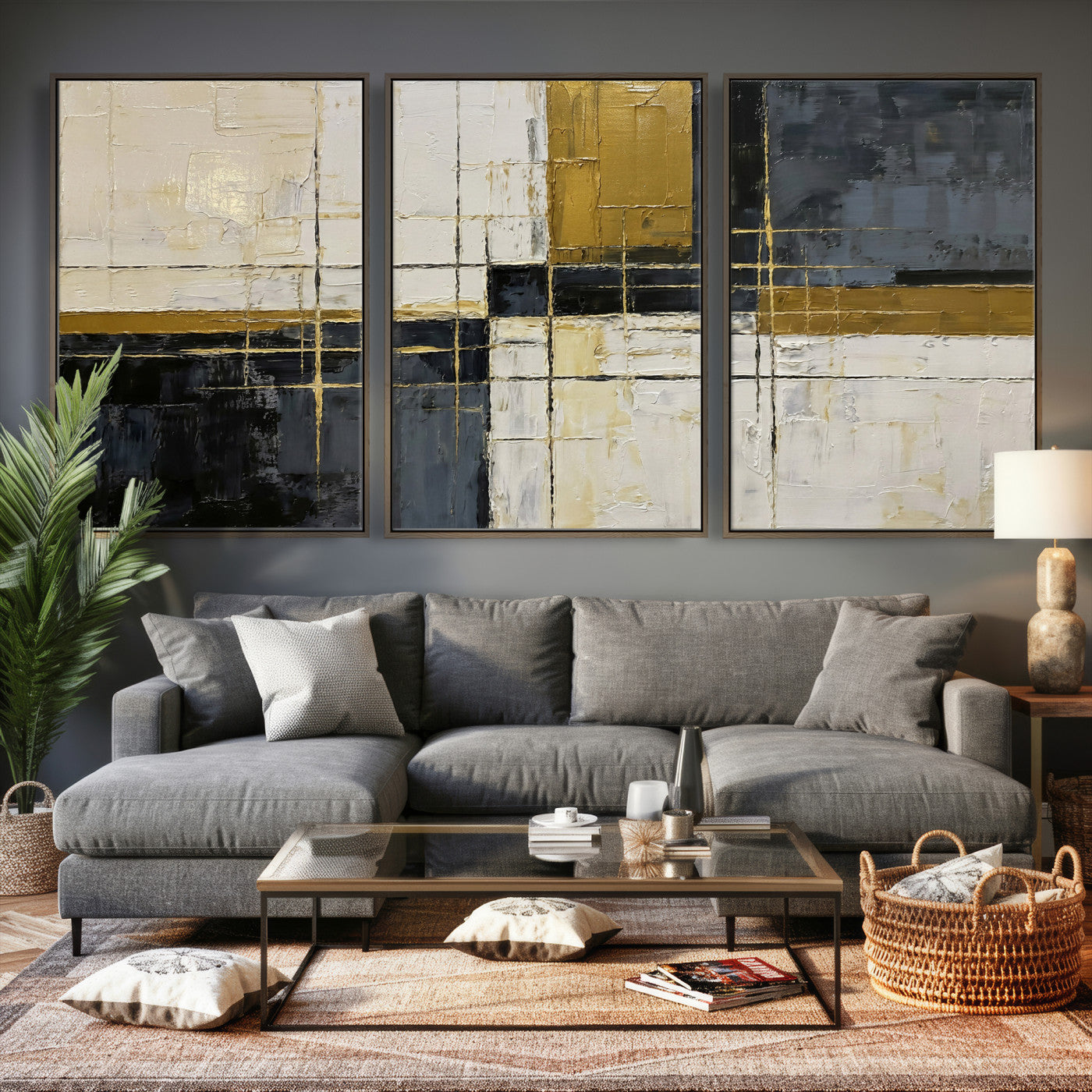 36097945-MGV-CV-36X24 - Abstract Gold and Black Wall Art Canvas Print – Modern Geometric Neutral Artwork for Living Room Decor