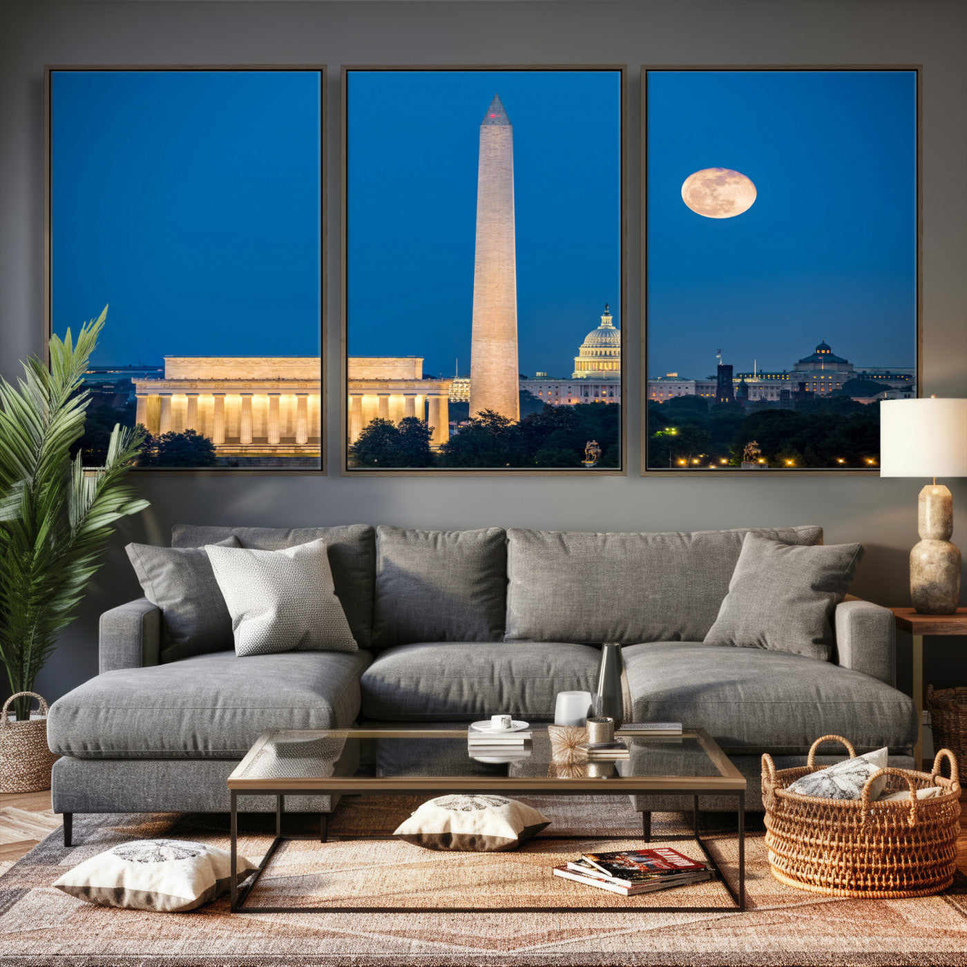 96712946-MGV-CV-36X24 - Washington DC Skyline Wall Art Canvas Print – Lincoln Memorial, Washington Monument and US Capitol Night Cityscape Artwork