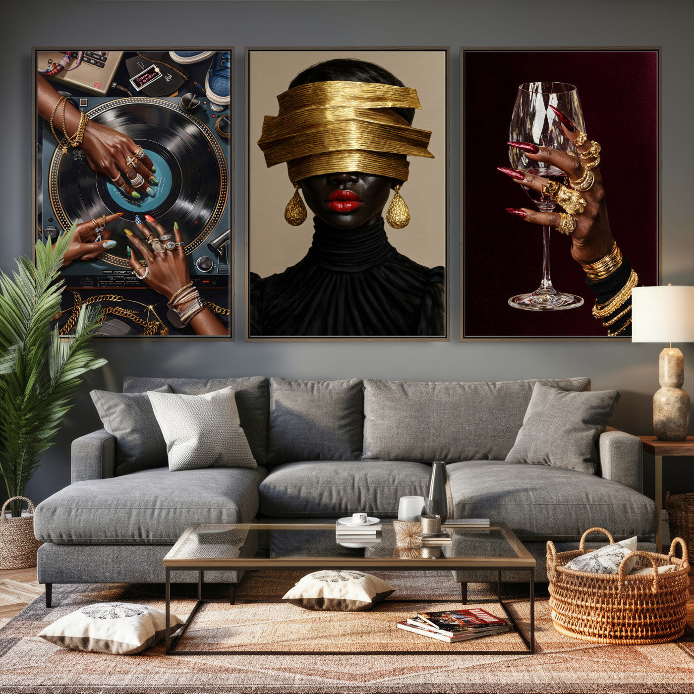 8151788S6-MGV-CV-60X30-3P - Luxury Fashion Wall Art Canvas Print Set of 3, Gold Jewelry Portrait Triptych, Glam Black Woman Modern Artwork