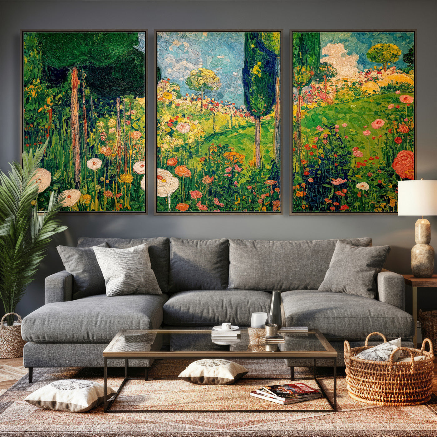 83517974-MGV-CV-36X24 - Gustav Klimt Boho Mountain Landscape Large Wall Art, Horizontal Gold Framed Canvas Print with Sun and Flowers