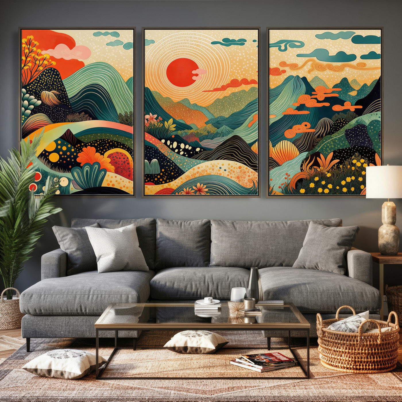 29927191-MGV-CV-36X24 - Yayoi Kusama Boho Mountain Landscape Large Wall Art, Horizontal Gold Framed Canvas Print with Sun and Flowers