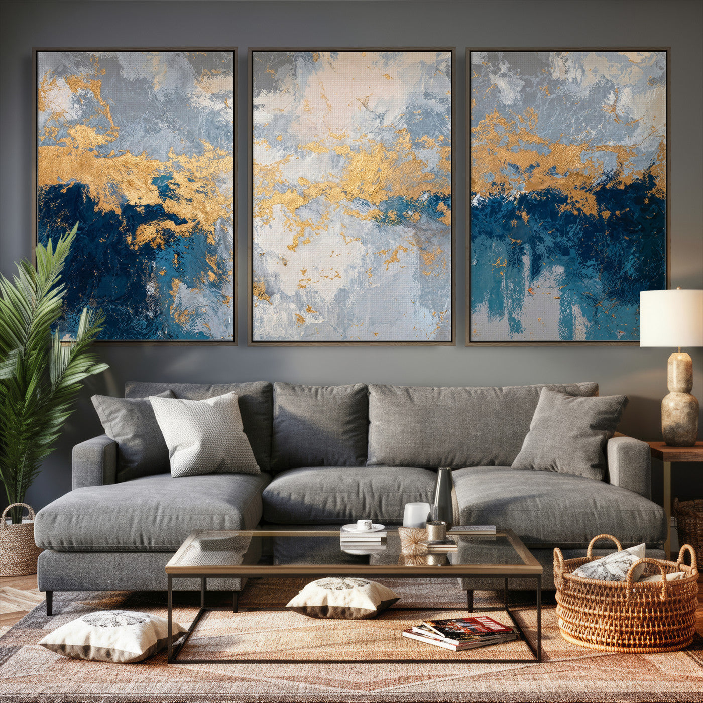 65386119-MGV-CV-36X24 - Blue Gold Abstract Large Framed Canvas Wall Art, Modern Luxury Painting Print in Horizontal Oversized Minimal Wall Decor Artwork