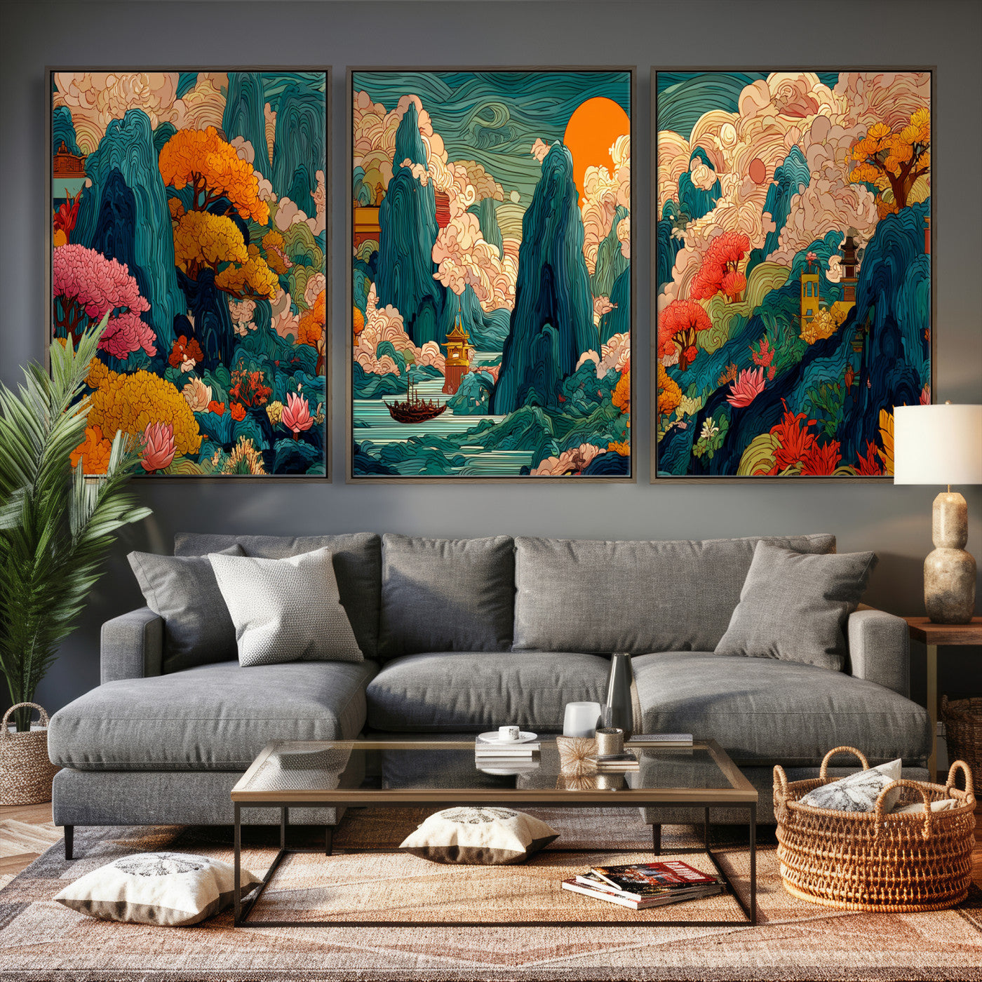 90422518-MGV-CV-48X32-3P - Colorful Japanese Landscape Print: Maximalist Panoramic Wall Art