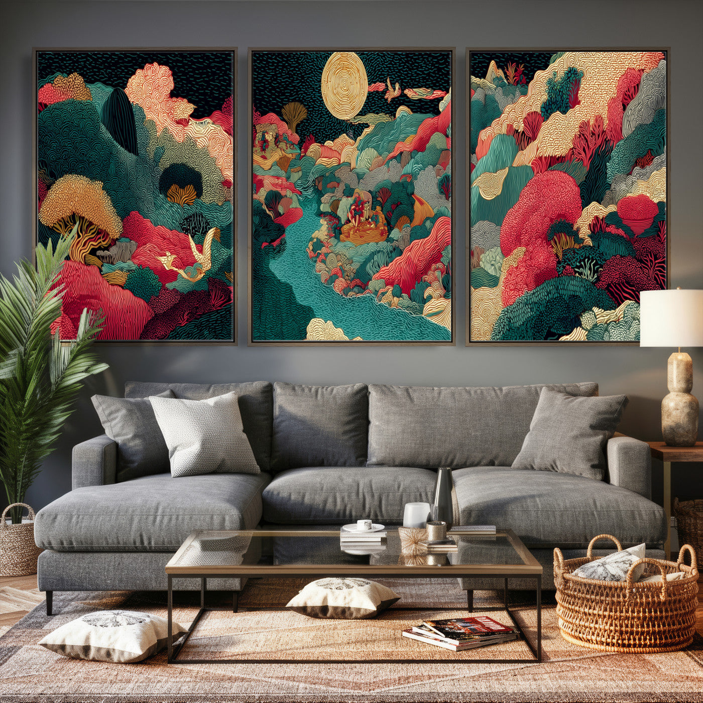 36816259-MGV-CV-48X32-3P - Colorful Japanese Landscape Print: Maximalist Panoramic Wall Art