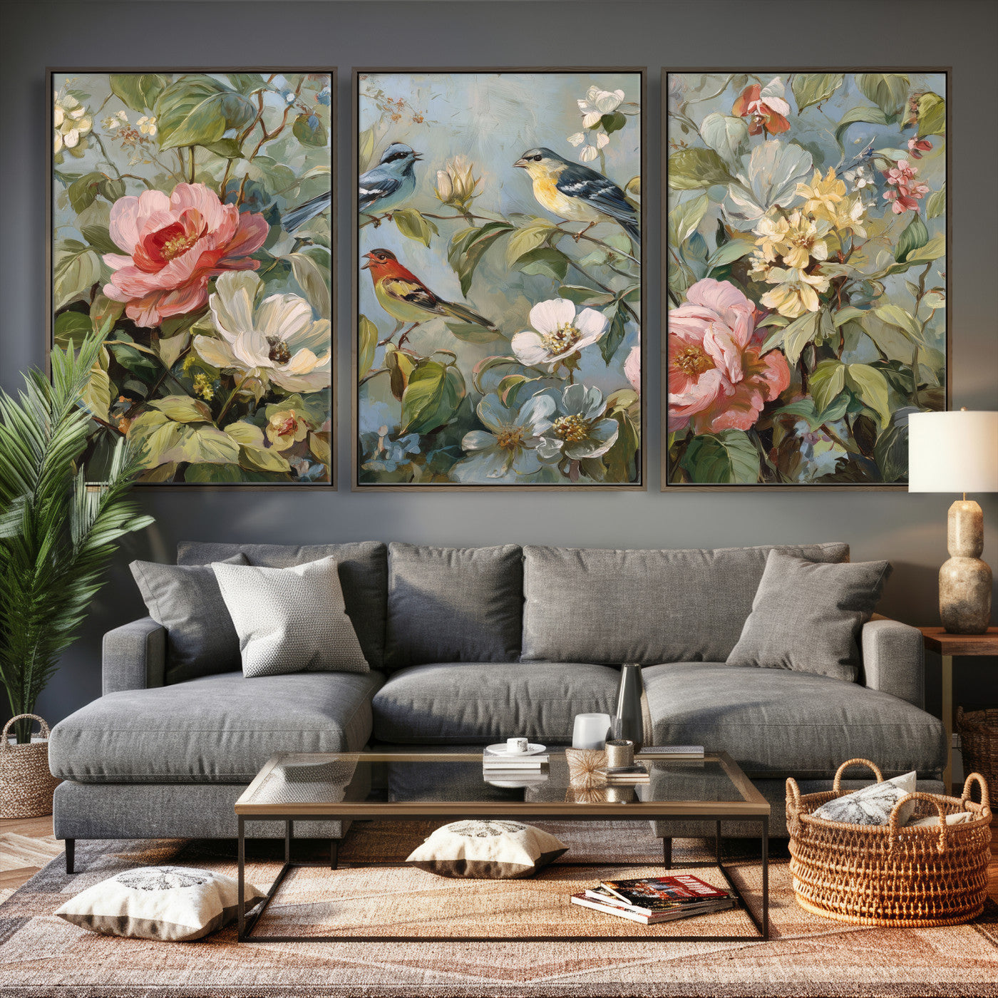 55440837-MGV-CV-36X24 - Vintage Birds and Flowers Wall Art Canvas Print, Botanical Bird Painting Canvas Print, Floral Garden Bird Artwork Canvas Print, Classic Bird Flower Painting Canvas Print