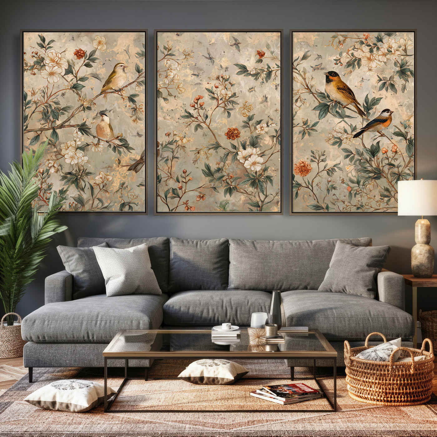 76588438-MGV-CV-36X24 - Vintage Birds and Flowers Wall Art Canvas Print, Botanical Bird Painting Canvas Print, Floral Garden Bird Artwork Canvas Print, Classic Bird Flower Painting Canvas Print