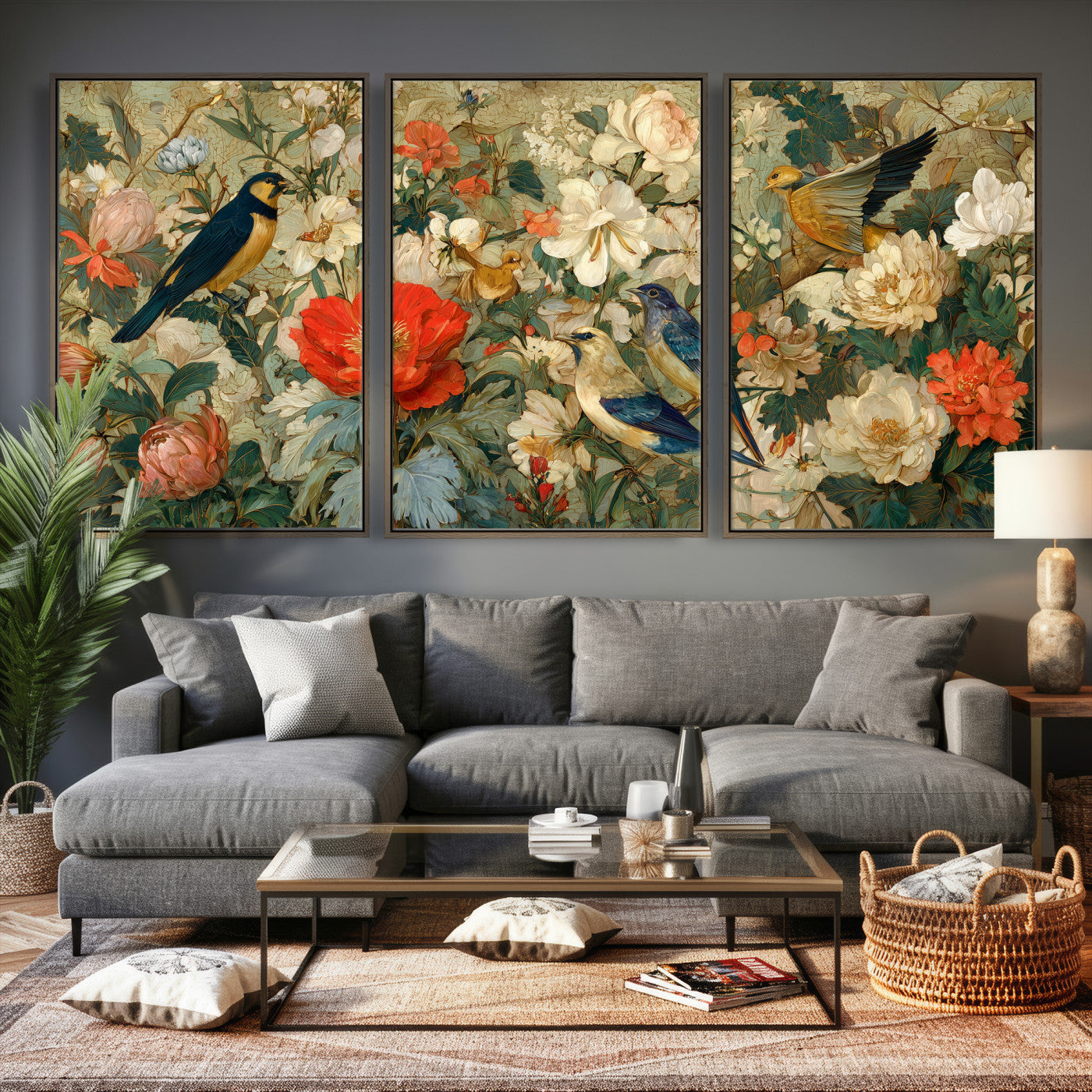 52904757-MGV-CV-36X24 - Vintage Birds and Flowers Wall Art Canvas Print, Botanical Bird Painting Canvas Print, Floral Garden Bird Artwork Canvas Print, Classic Bird Flower Painting Canvas Print