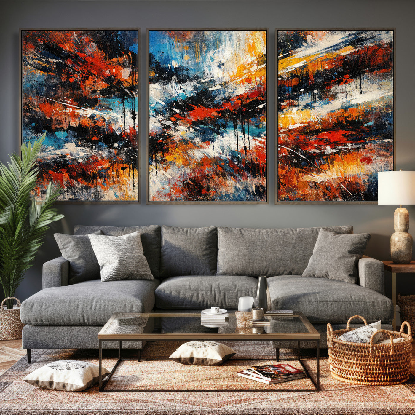 80276069-MGV-CV-36X24 - Geometric Abstract Wall Art Canvas Print, Orange Blue Abstract Expressionist Painting Print, Modern Geometric Abstract Canvas Art