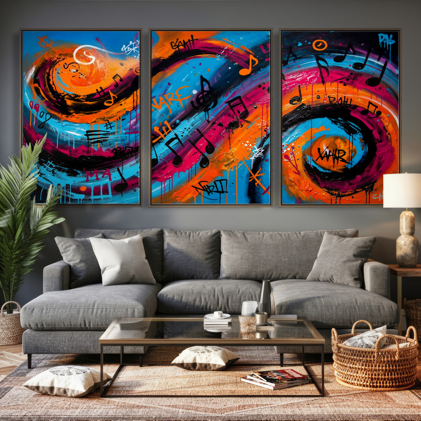 34936518-MGV-CV-36X24 - Geometric Abstract Wall Art Canvas Print, Orange Blue Abstract Expressionist Painting Print, Modern Geometric Abstract Canvas Art