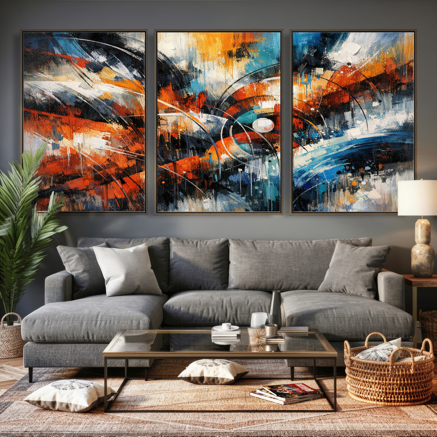 47120691-MGV-CV-36X24 - Geometric Abstract Wall Art Canvas Print, Orange Blue Abstract Expressionist Painting Print, Modern Geometric Abstract Canvas Art