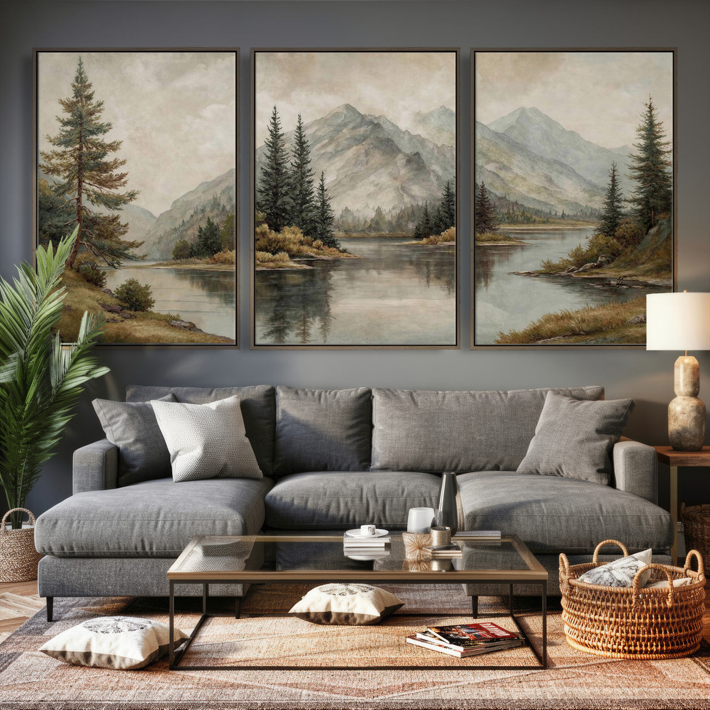 4712069V1-MGV-CV-60X30-3P - Vintage Mountain Landscape Wall Art Canvas Print Set, Rustic Nature Triptych Canvas, Neutral Lake Forest Mountain Wall Decor