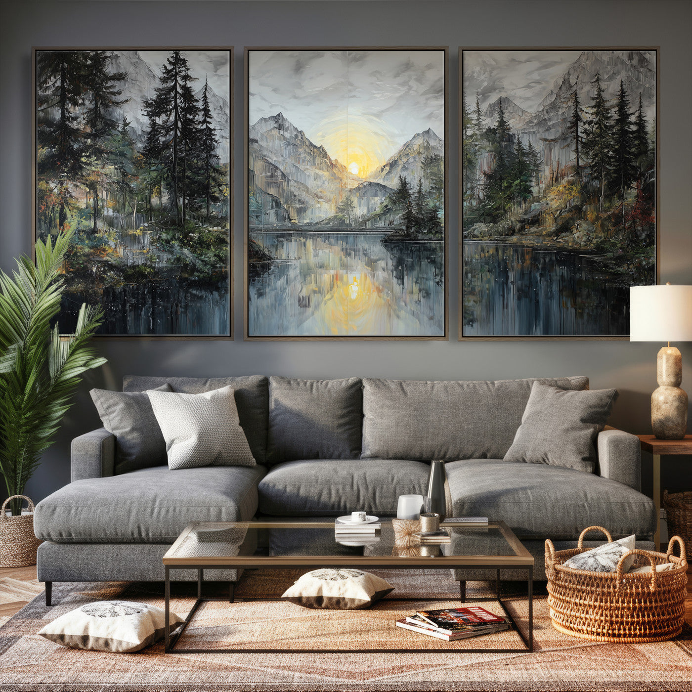 72377107-MGV-CV-60X30-3P - Drip Style Forest Lake Gold Art — Abstract Expressionist Mountain Print | Grey Pine Tree Canvas | Moody Nature Wall Decor | Large Panoramic Art