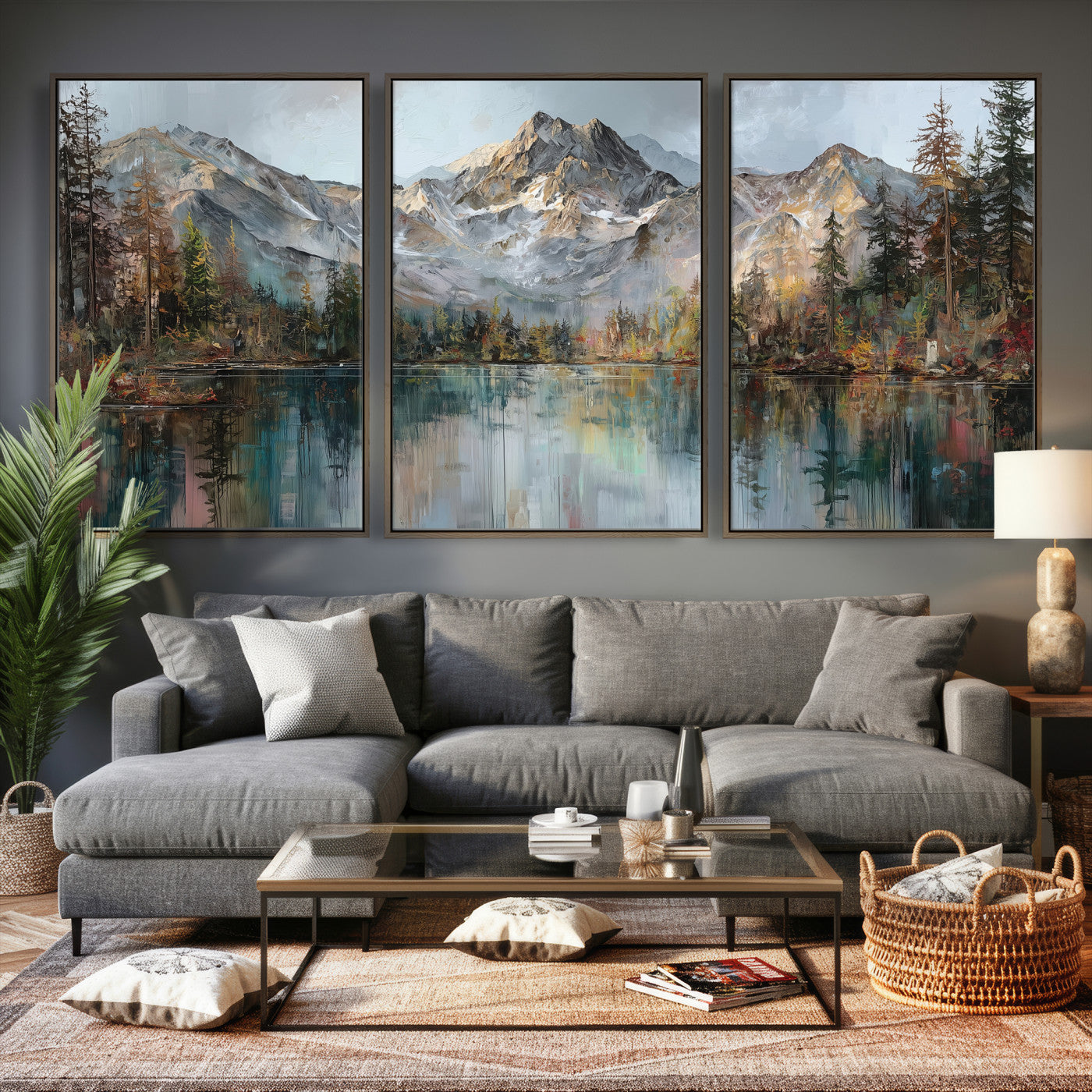 15527546-MGV-CV-60X30-3P - Drip Style Forest Lake Gold Art — Abstract Expressionist Mountain Print | Grey Pine Tree Canvas | Moody Nature Wall Decor | Large Panoramic Art