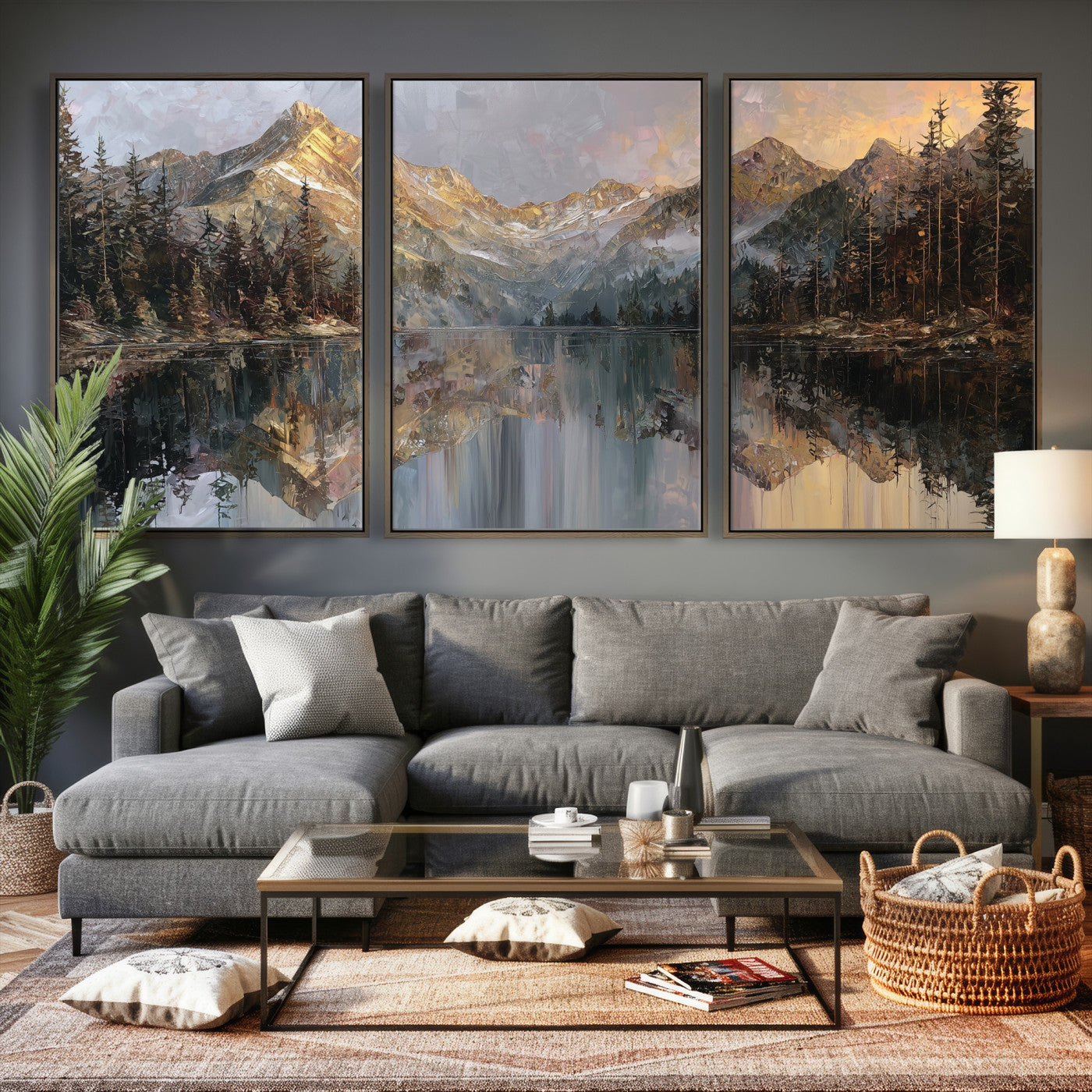 37675699-MGV-CV-60X30-3P - Drip Style Forest Lake Gold Art — Abstract Expressionist Mountain Print | Grey Pine Tree Canvas | Moody Nature Wall Decor | Large Panoramic Art