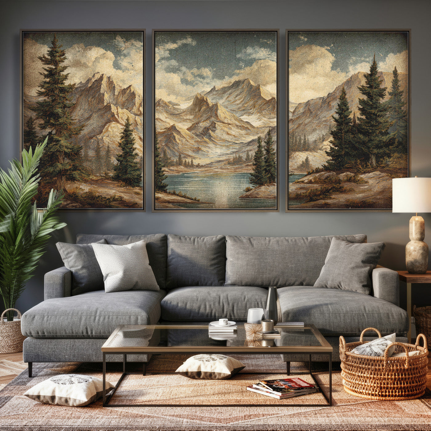 62093020-MGV-CV-60X30-3P - Drip Style Forest Lake Gold Art — Abstract Expressionist Mountain Print | Grey Pine Tree Canvas | Moody Nature Wall Decor | Large Panoramic Art