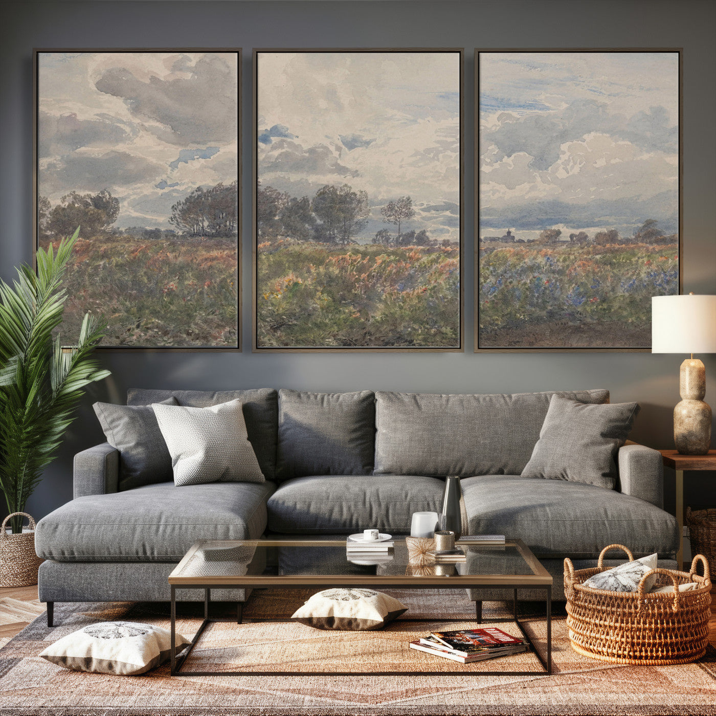 76626885-MGV-CV-36X24 - Vintage Watercolor Meadow Canvas Wall Art — English Pastoral Wildflower Storm Sky Print | Cottagecore Nature Decor | Classic Landscape Gift