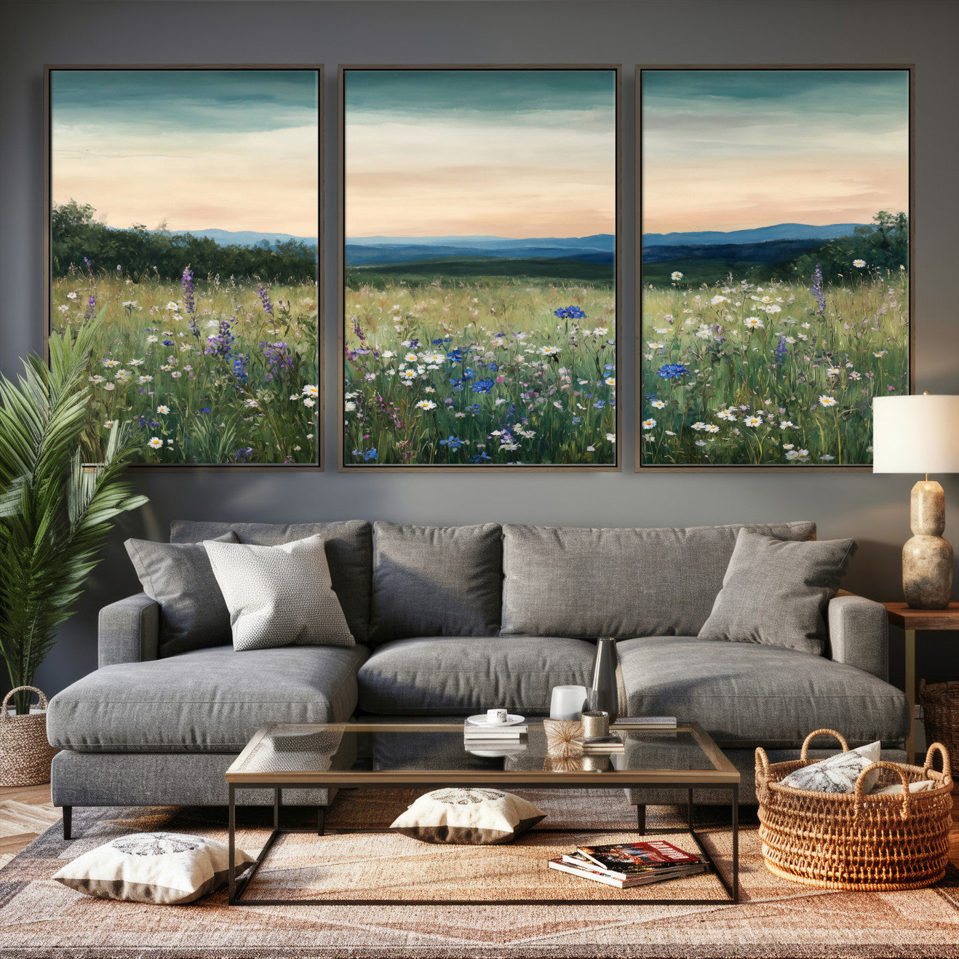 35773805-MGV-CV-36X24 - Wildflower Meadow Oil Painting Canvas Print - Daisy Lavender Mountain Sunset Print | Cottagecore Floral Wall Art - Bedroom Decor Gift for Her