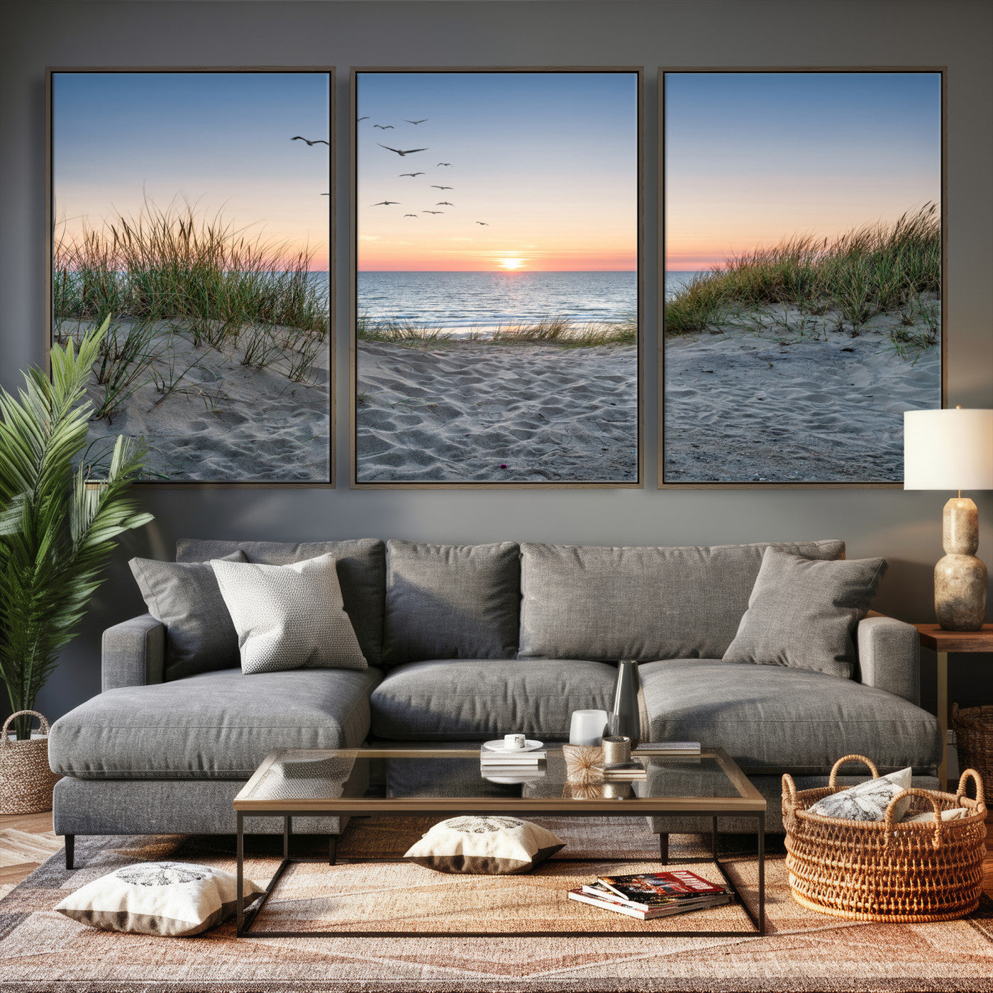 12172032-MGV-CV-36X24 - Sandy Dune Path Sunset Canvas Wall Art — Seagulls Beach Ocean Photography Print | Coastal Home Decor | Nautical Wall Art | Beach House Gift