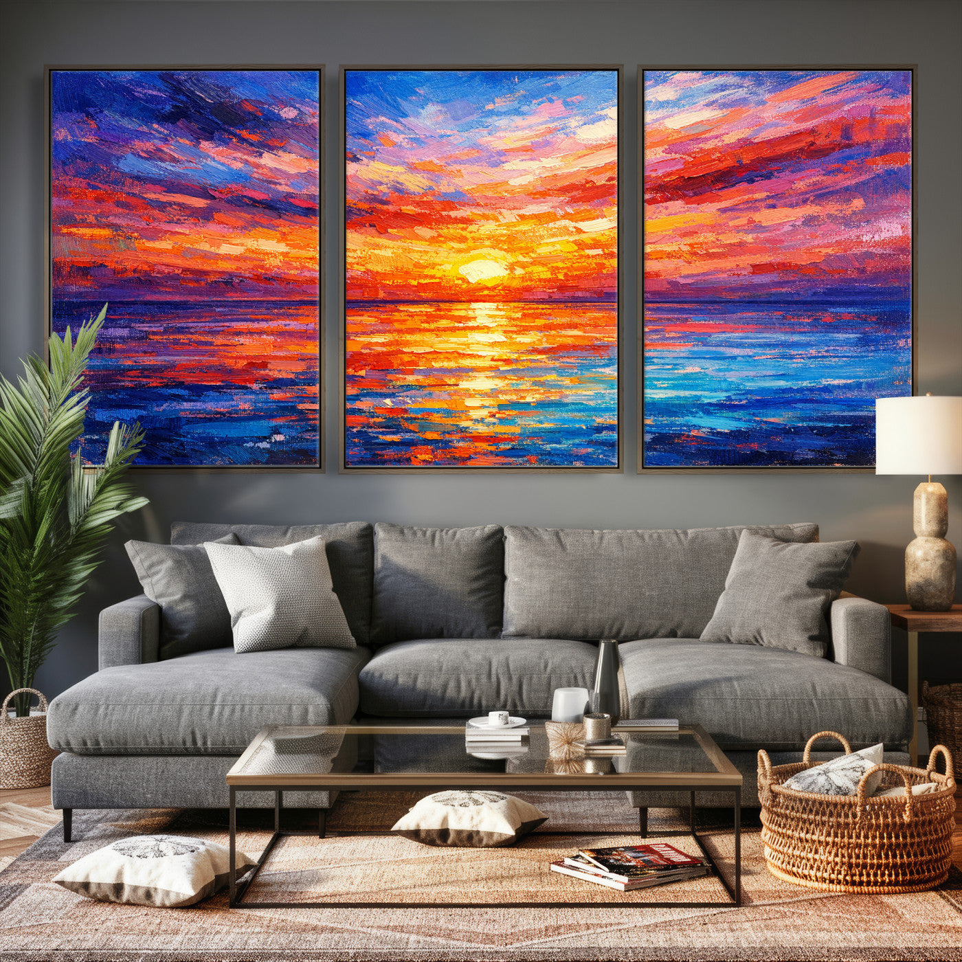 54915078-MGV-CV-36X24 - Colorful Knife Ocean Sunset Canvas — Orange Pink Teal Expressionist Sea Print | Colorful Coastal Wall Art | Vibrant Beach Decor Gift