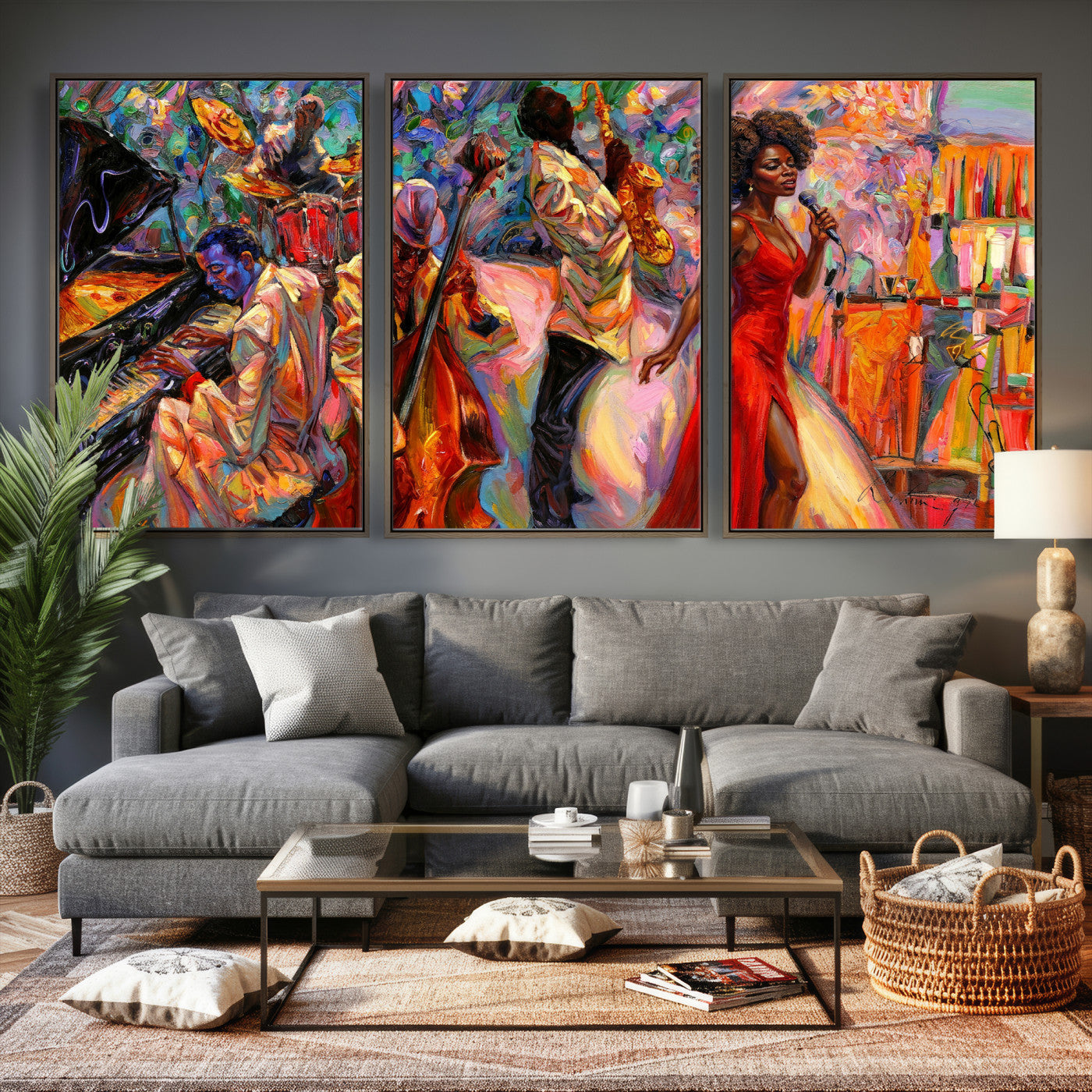 72615137-MGV-CV-36X24 - African American Jazz Singer Canvas Art - Red Dress Black Woman Music Print | Colorful Jazz Band Wall Decor | Living Room Gift for Her