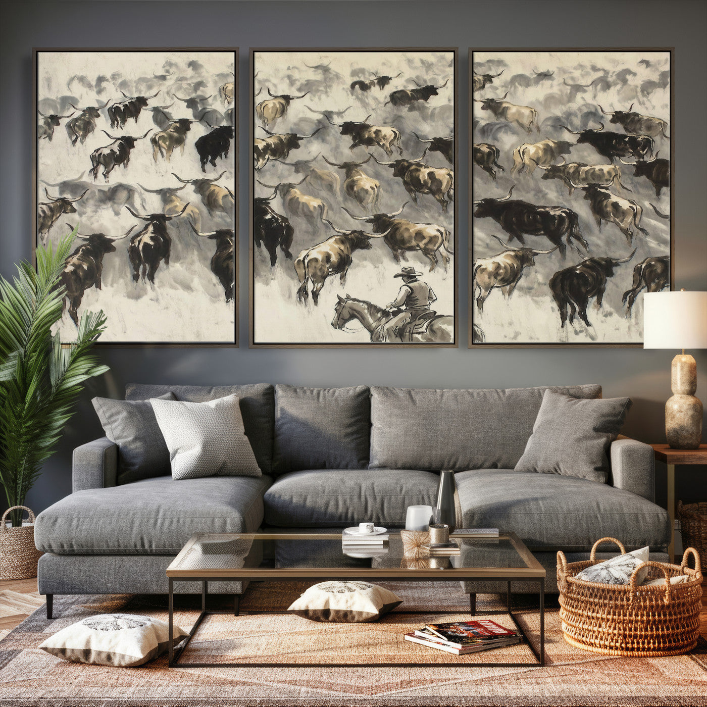 48049876-MGV-CV-36X24 - Cowboy Cattle Drive Canvas Wall Art, Western Longhorn Herd Ink Painting Print, Ranch Rodeo Decor, Black White Western Art, Large Living Room Art