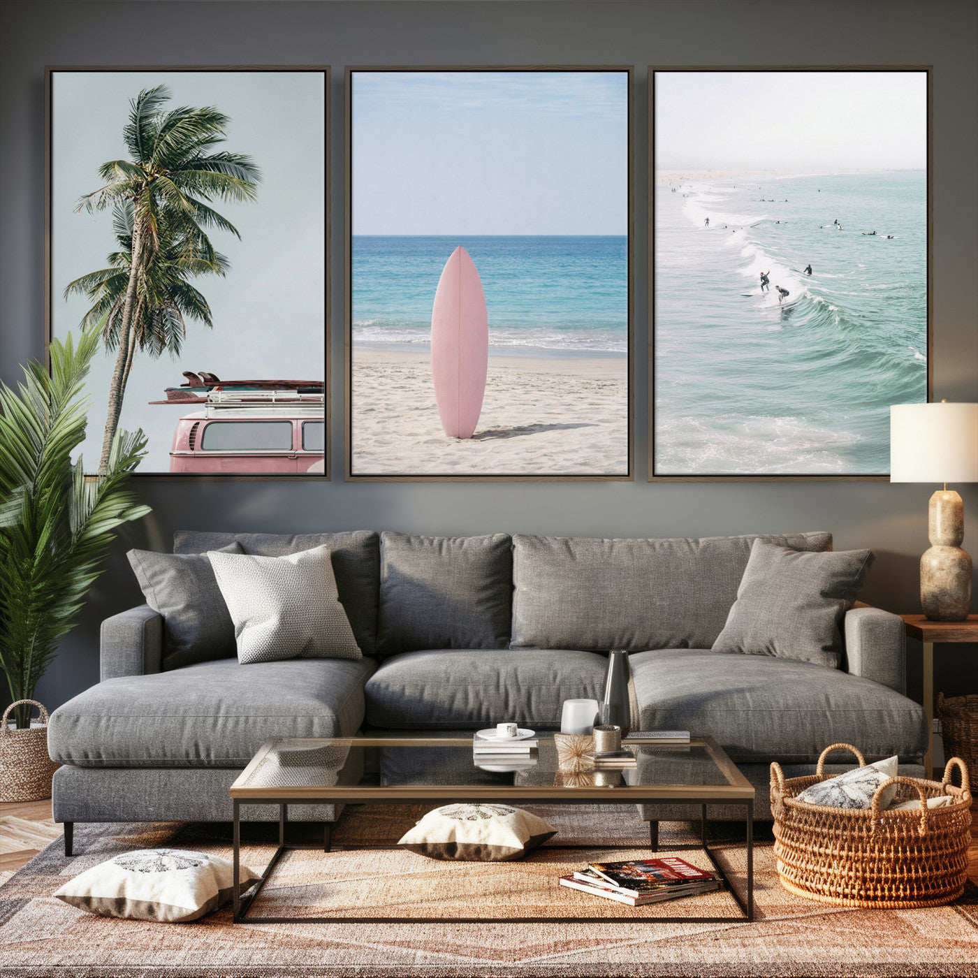 39028765-MGV-CV-60X30-3P - Surf Canvas Wall Art Set, Pink Surfboard VW Van Palm Tree Triptych, Beach House Coastal Decor, Pastel Ocean Photography Print, Boho Surf Decor