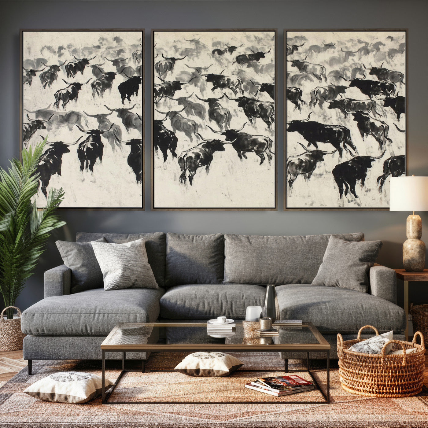 68669792-MGV-CV-36X24 - Longhorn Cattle Canvas Wall Art, Black White Stampede Ink Painting Print, Western Farmhouse Decor, Bull Herd Art, Large Living Room Wall Art, Ranch Home Decor