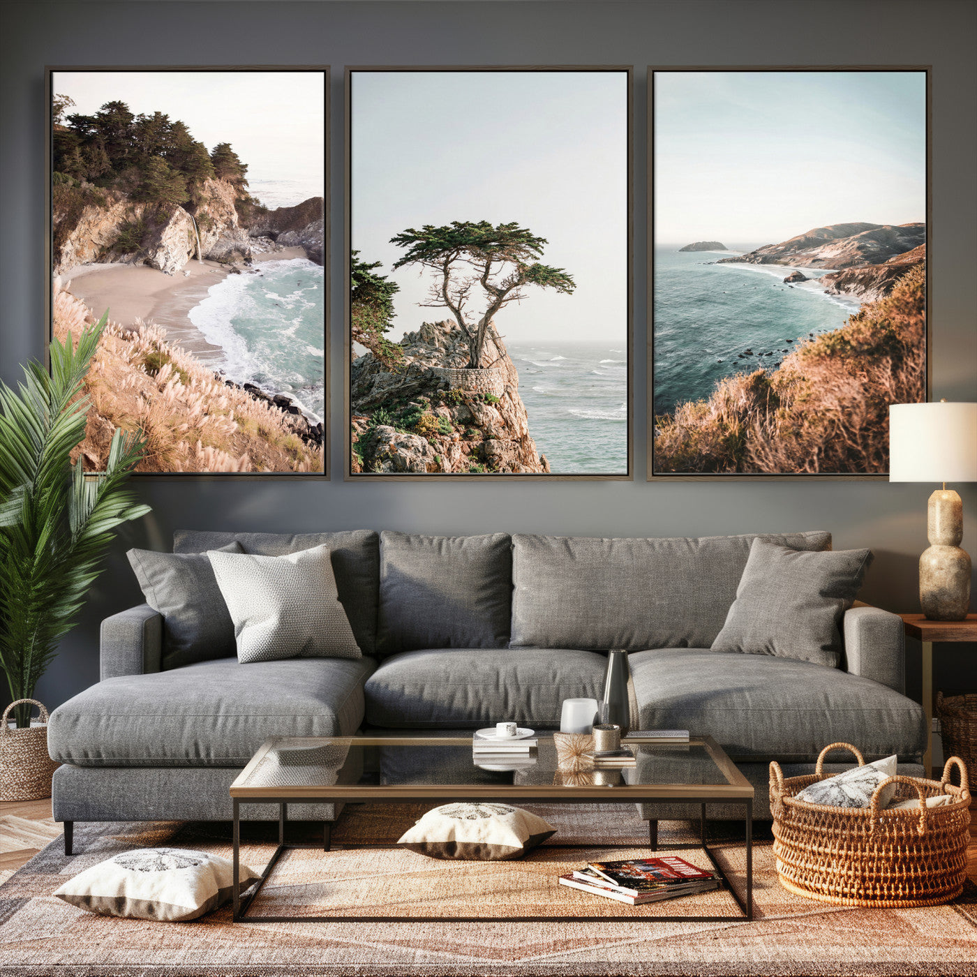 68839391G-MGV-CV-60X30-3P - California Coast Canvas Wall Art Set, Big Sur McWay Falls Lone Cypress Triptych Print, Coastal Photography Decor, Beach House Wall Art
