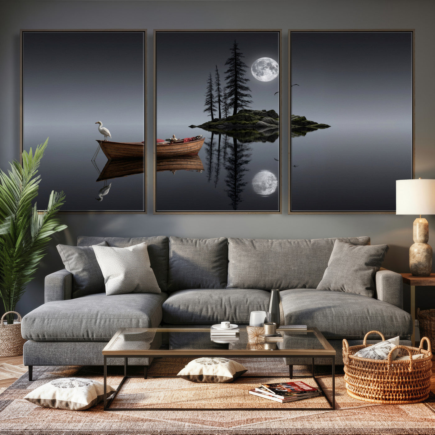 68839391D-MGV-CV-60X30-3P - Moonlit Lake Canvas Wall Art, Dreamy Boat Heron Full Moon Night Print, Dark Fantasy Nature Decor, Moody Bedroom Art, Surreal Landscape Wall Art