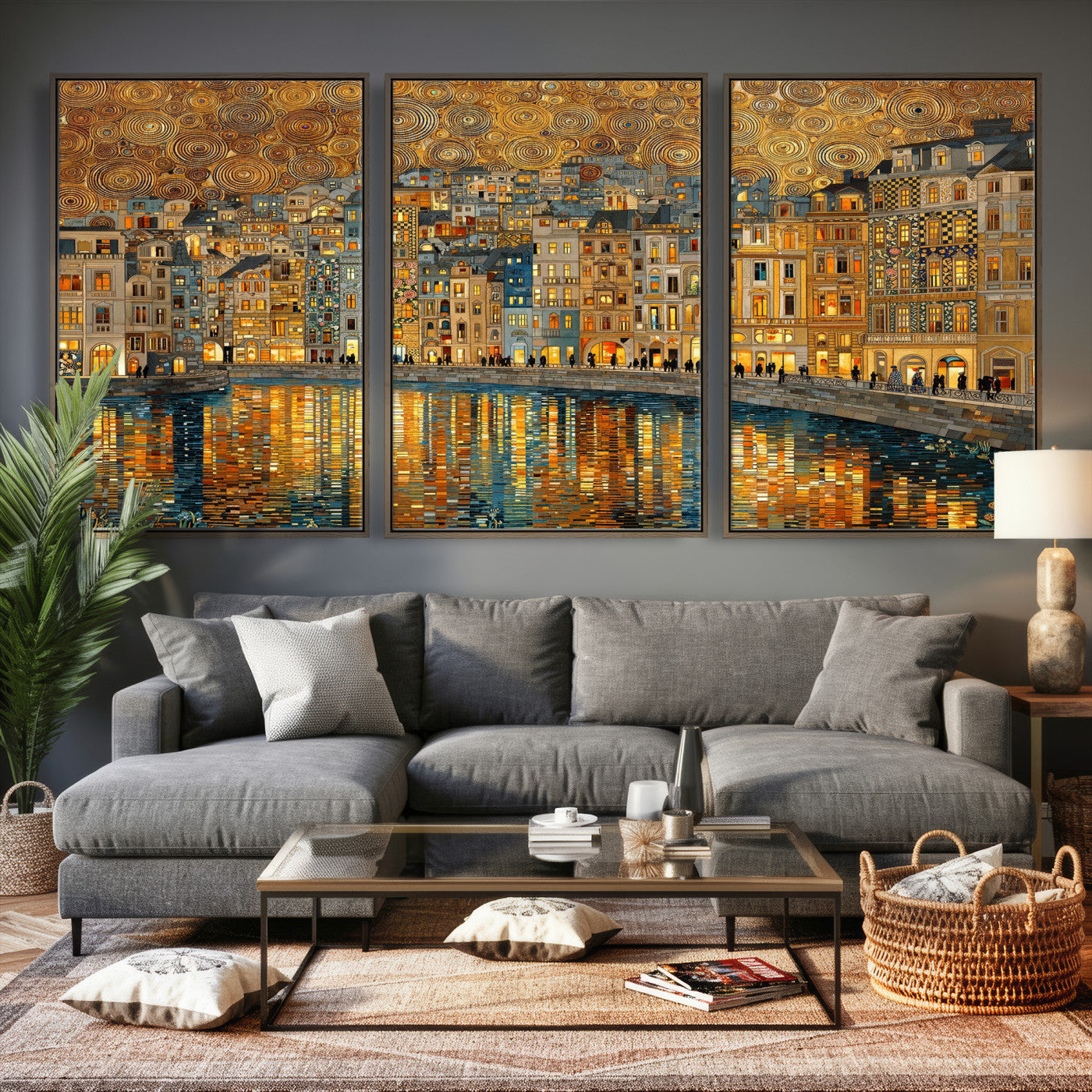 94022787-MGV-CV-36X24 - Gustav Klimt Golden Cityscape Wall Art Canvas Print, Framed River Town Landscape Artwork, Ornate Architecture Wall Decor for Living Room Bedroom Office