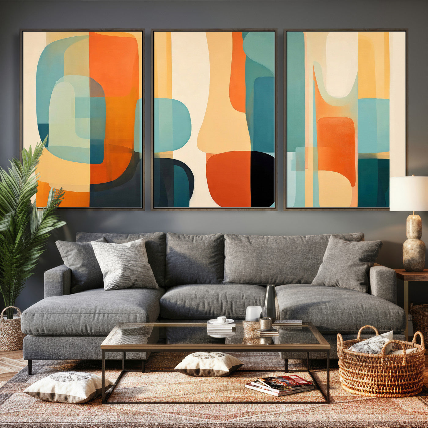 71488451-MGV-CV-60X30-3P - Abstract Geometric Wall Art Canvas Print, Mid Century Modern Wall Art, Abstract Wall Art Canvas Print for Living Room Bedroom Office