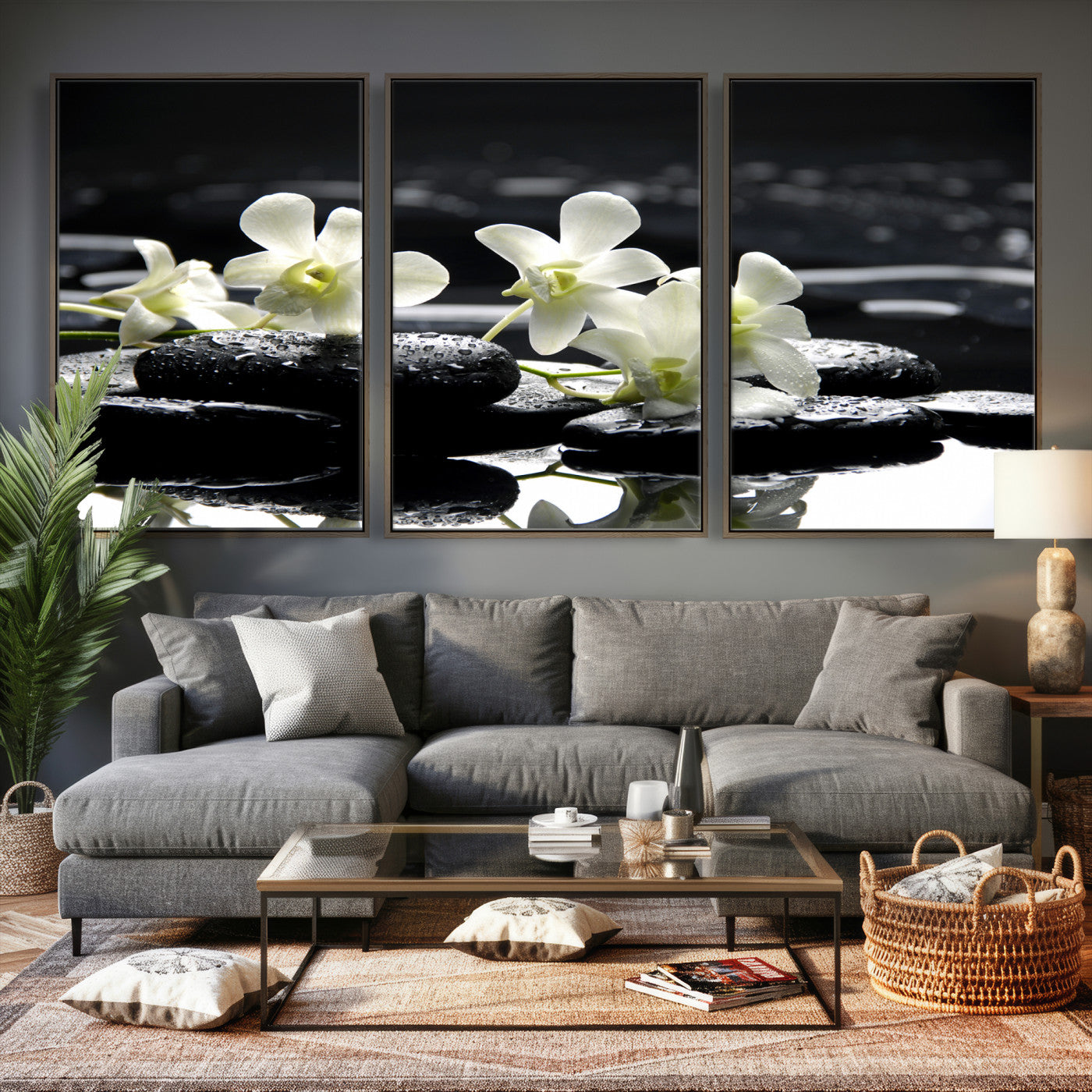 79486206-MGV-CV-36X24 - Plumeria Frangipani Black Stone Canvas | White Flower Spa Photography Print | Tropical Zen Wall Art | Grey Pebble Floral for Meditation Room Decor