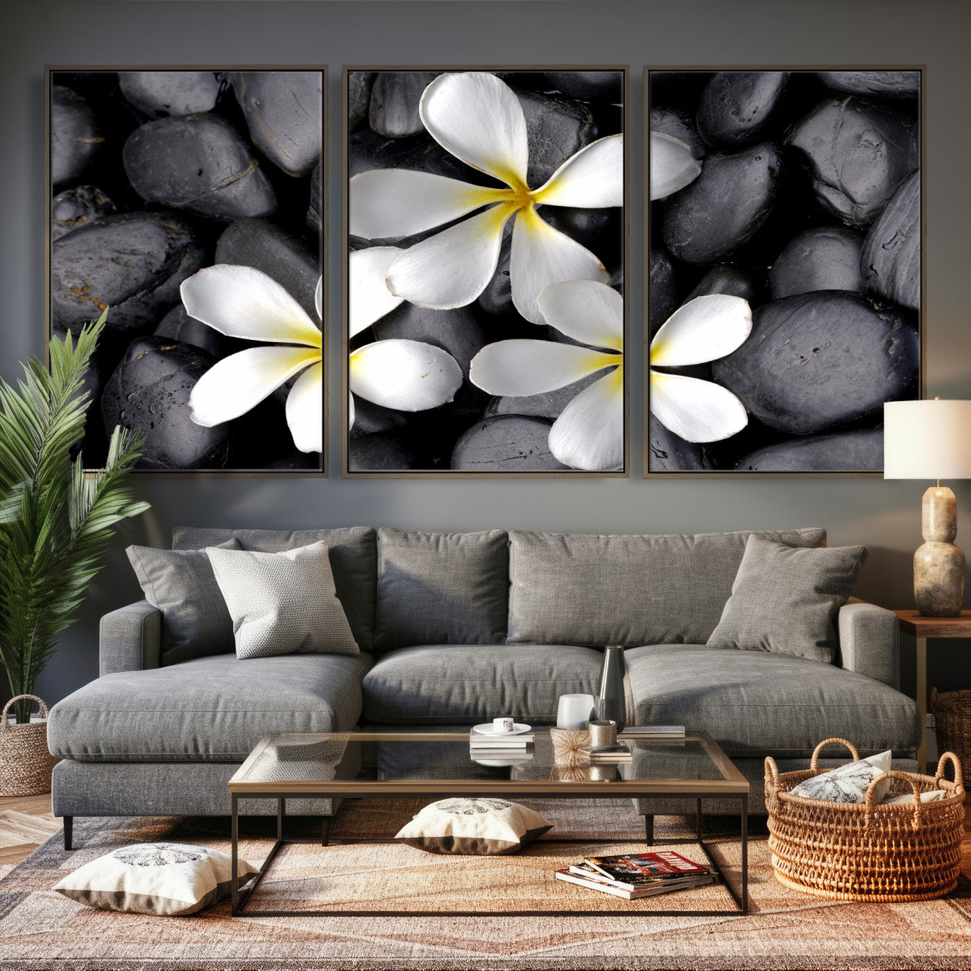 43639613-MGV-CV-36X24 - Plumeria Frangipani Black Stone Canvas | White Flower Spa Photography Print | Tropical Zen Wall Art | Grey Pebble Floral Decor