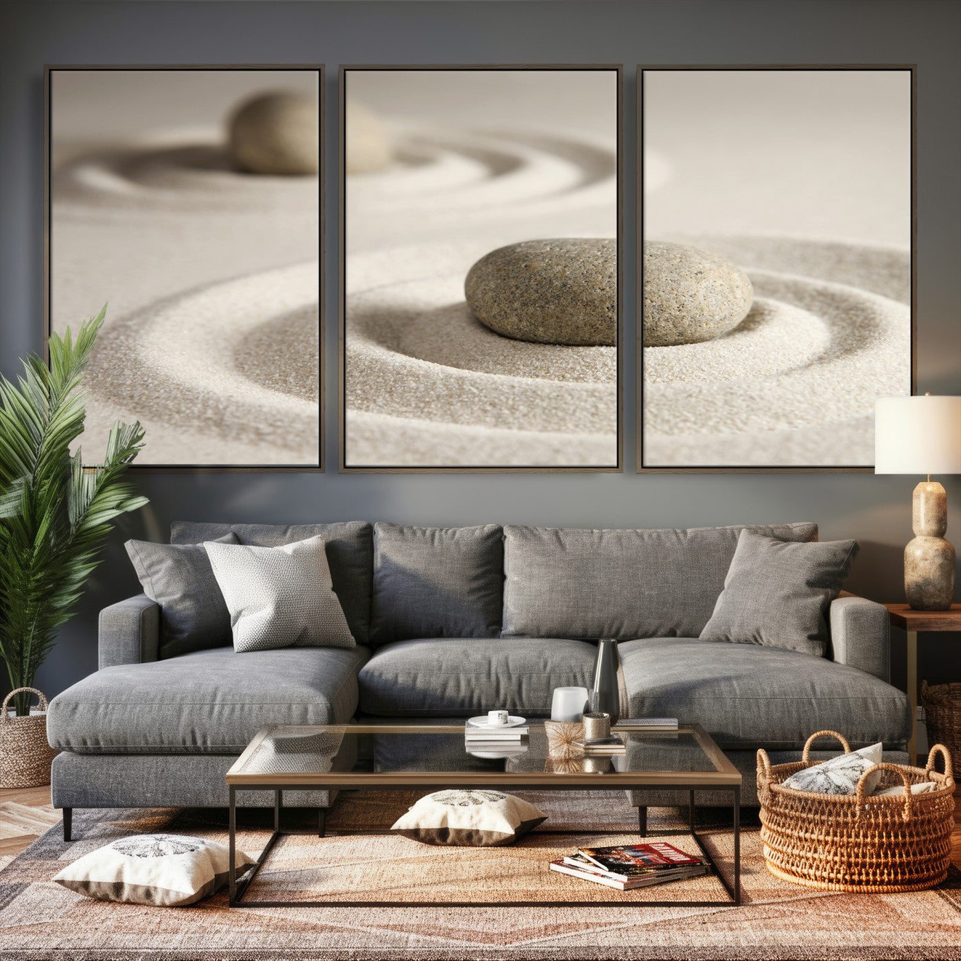 13397966-MGV-CV-36X24 - Zen Garden Stone Sand Canvas | Japanese Rock Garden Wall Art | Minimalist Meditation Print | Neutral Beige Mindfulness Decor