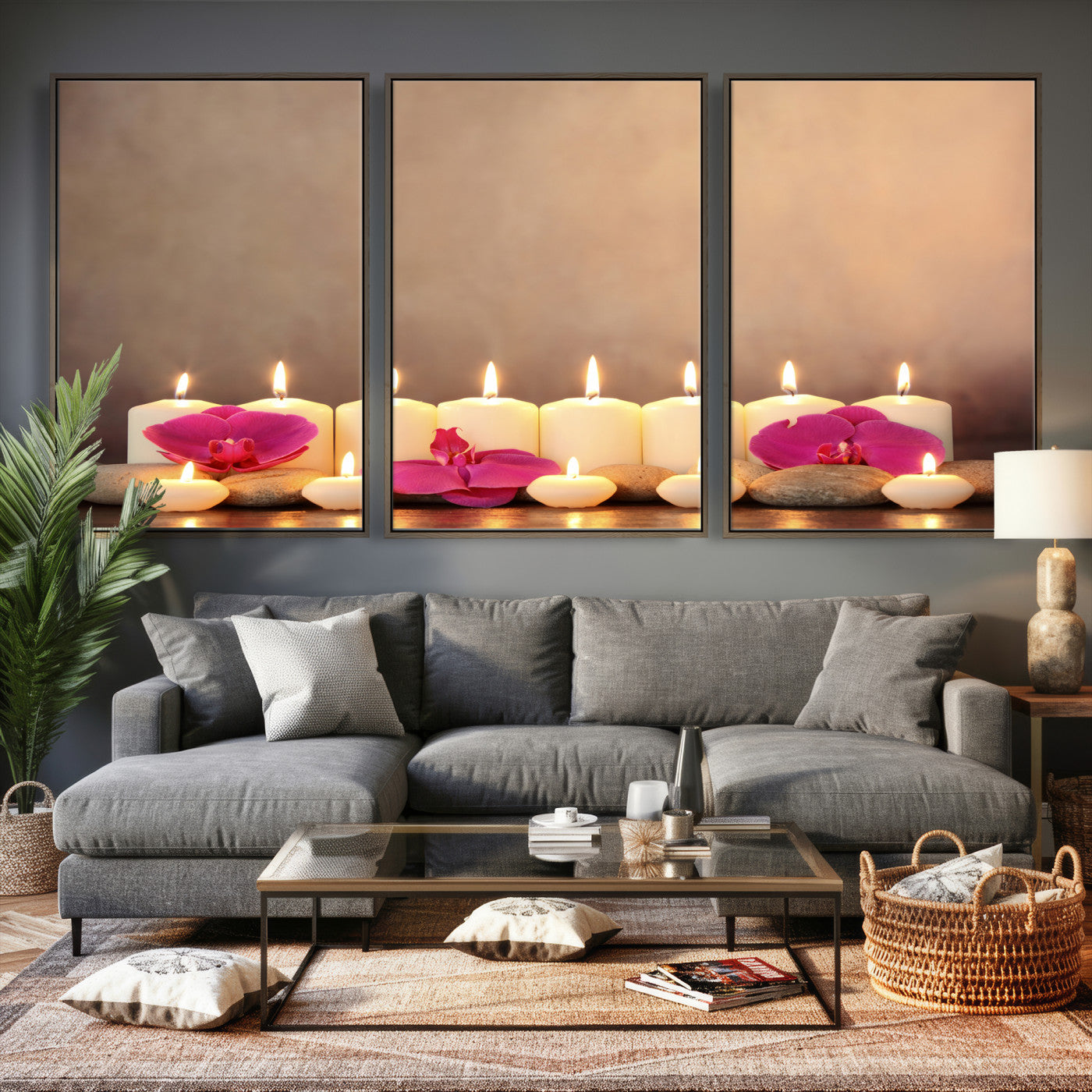 59470569-MGV-CV-36X24 - Spa Candles Orchid Canvas Print | Zen Wellness Relaxation Wall Art | Pink Flower Candlelight Bathroom Decor | Calm Beige Photography