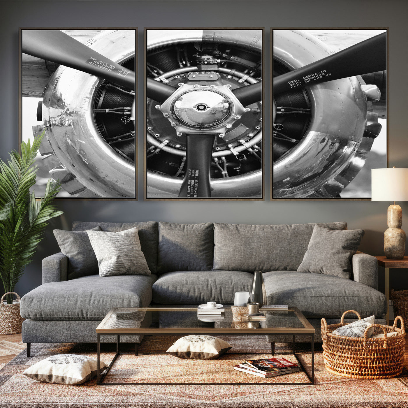 73322230-MGV-CV-36X24 - Vintage Propeller Plane Wall Art Canvas Print, Black and White Airplane Engine Close Up Framed Aviation Artwork for Pilot Office Hangar Decor