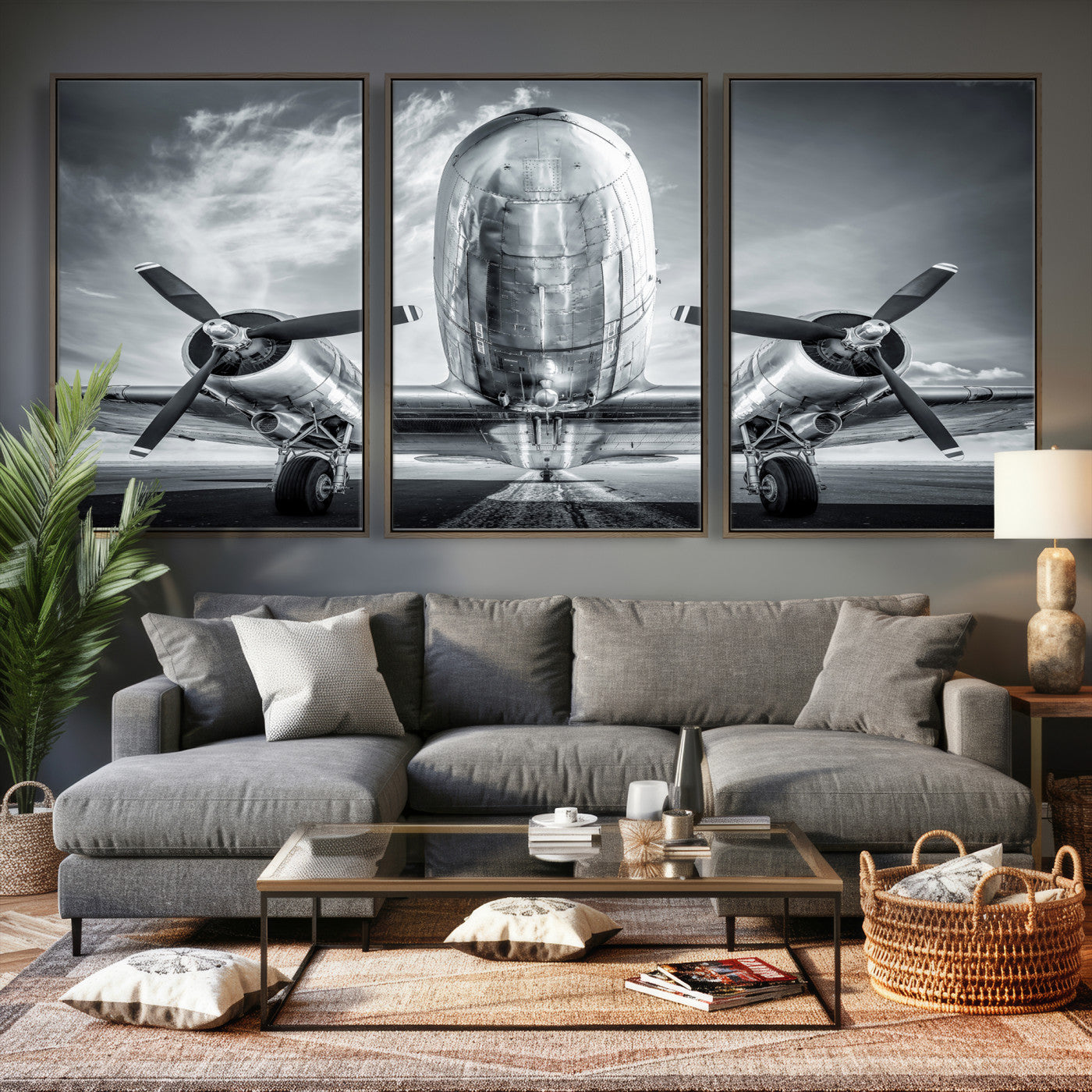 59729636-MGV-CV-36X24 - Vintage Propeller Plane Wall Art Canvas Print, Black and White Airplane Engine Close Up Framed Aviation Artwork for Pilot Office Hangar Decor