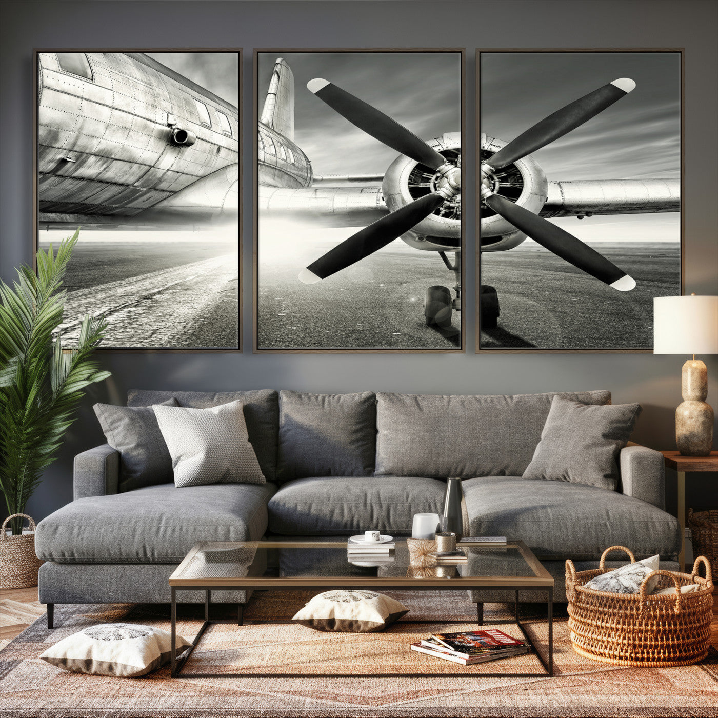 16420255-MGV-CV-36X24 - Vintage Airplane Wall Art Canvas Print, Black and White Propeller Aircraft Framed Aviation Artwork for Pilot Office Hangar Living Room Decor