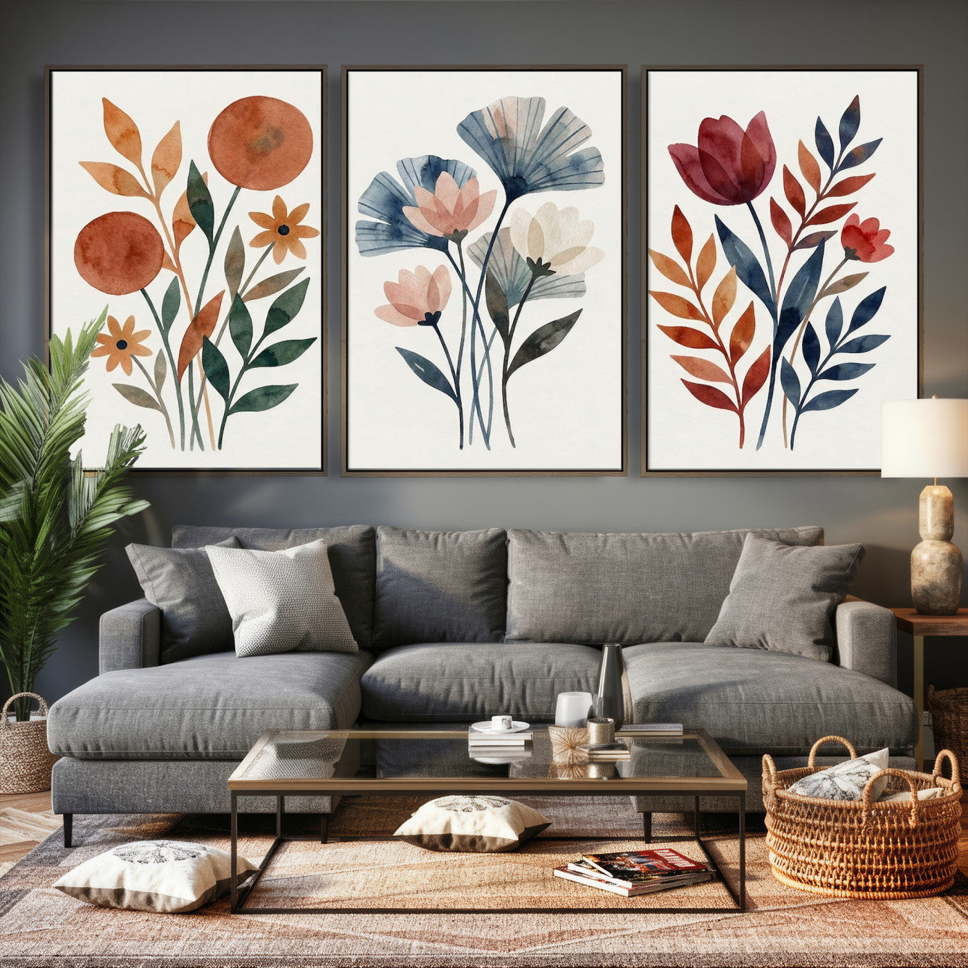 95190931-MGV-CV-60X30-3P - Watercolor Botanical Canvas Wall Art Set, Navy Terracotta Floral Triptych Print, Minimalist Flower Decor, Boho Living Room Art, Scandinavian Nature Print