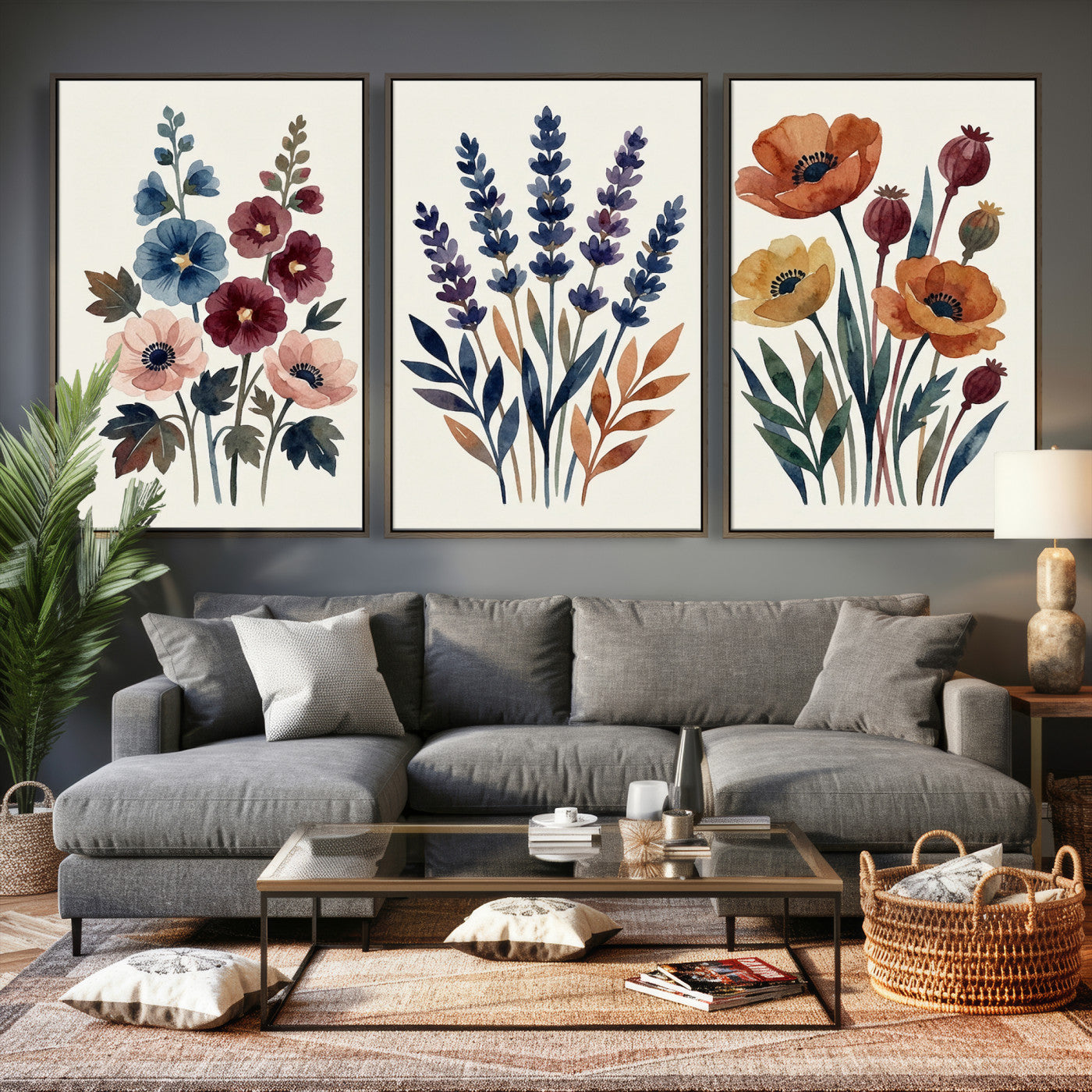 66468390-MGV-CV-60X30-3P - Watercolor Botanical Canvas Wall Art Set, Navy Terracotta Floral Triptych Print, Minimalist Flower Decor, Boho Living Room Art, Scandinavian Nature Print