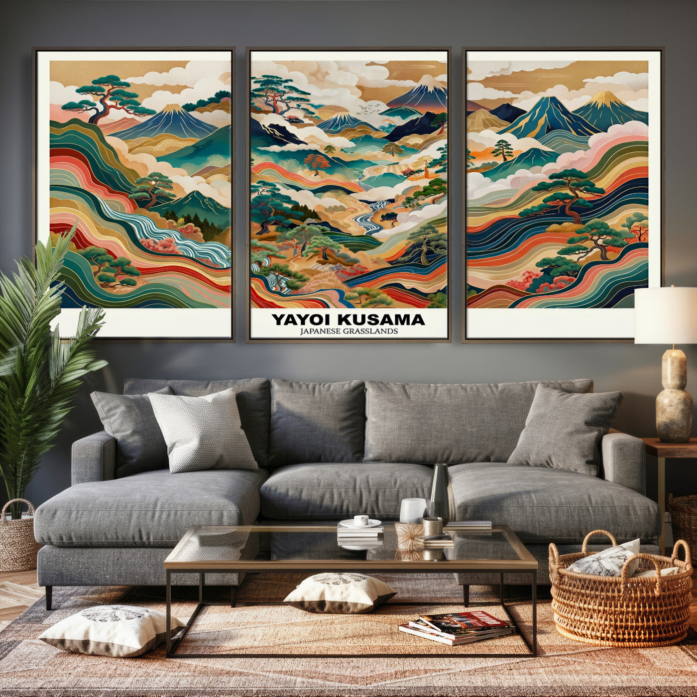 89903380-MGV-CV-60X30-3P - Japanese Grasslands Canvas Wall Art, Kusama Inspired Landscape Print, Colorful Japanese Nature Poster, Ukiyo-e Style Mountain Decor, Asian Art Print