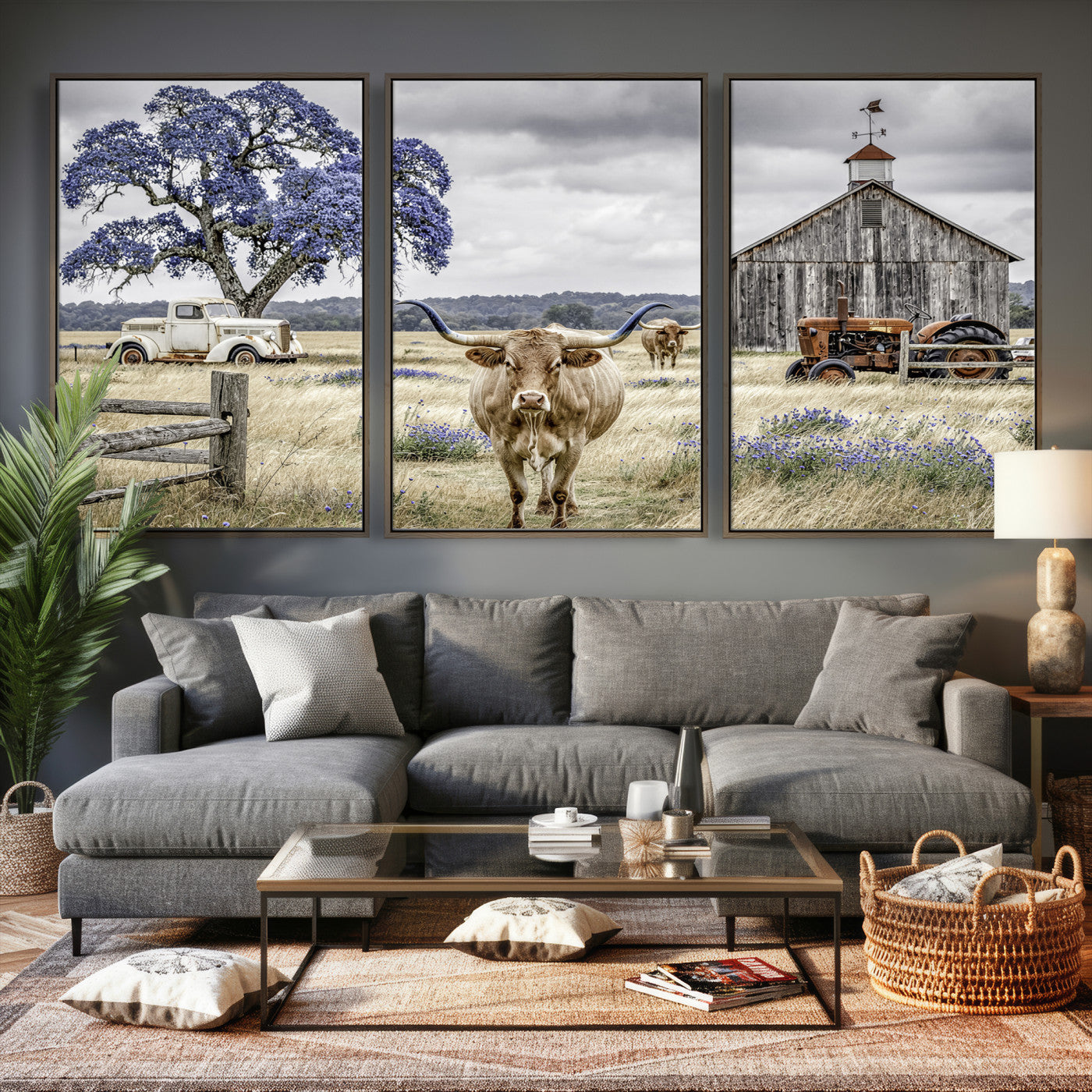 62336425-MGV-CV-60X30-3P - Texas Longhorn Canvas Wall Art, Rustic Farm Barn Bluebonnet Photography Print, Farmhouse Country Decor, Western Ranch Art, Old Truck Tractor Print