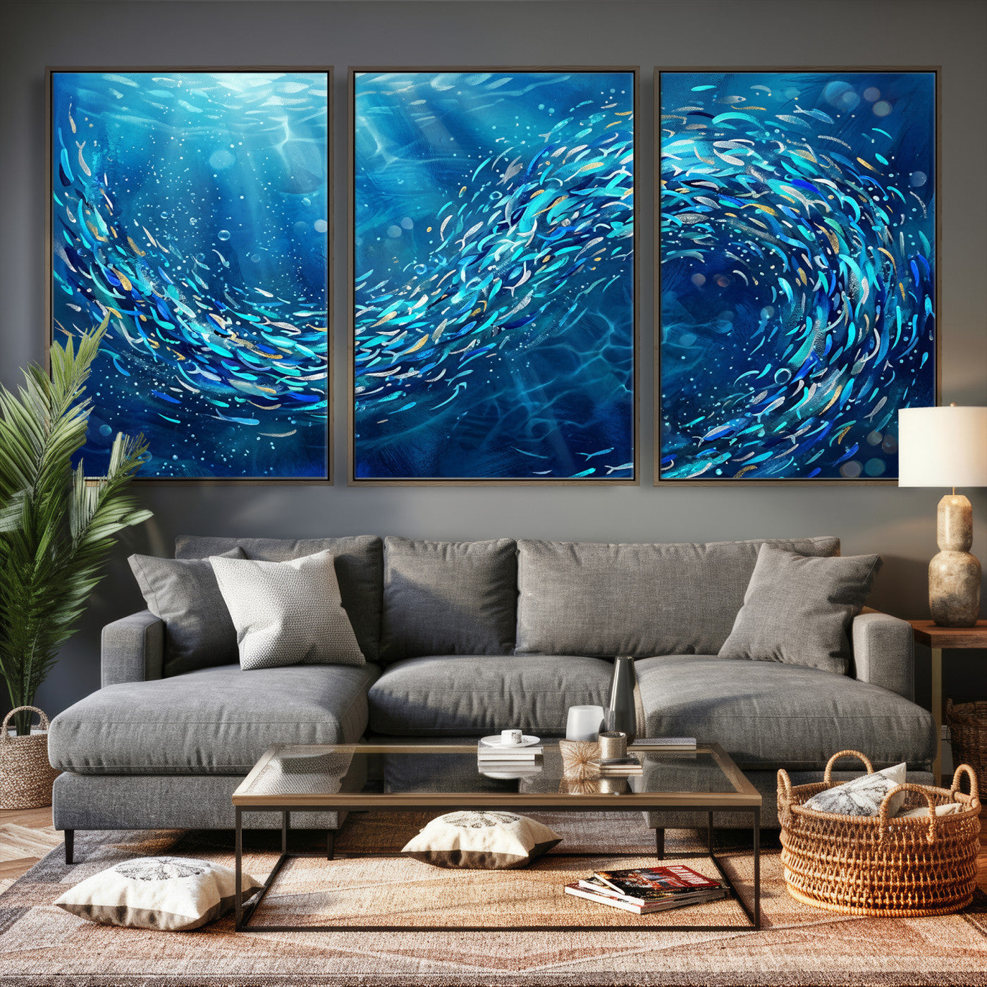 54535639-MGV-CV-36X24 - School of Fish Canvas Print | Blue Ocean Underwater Wall Art | Swirling Fish Shoal Illustration | Marine Navy Coastal Decor