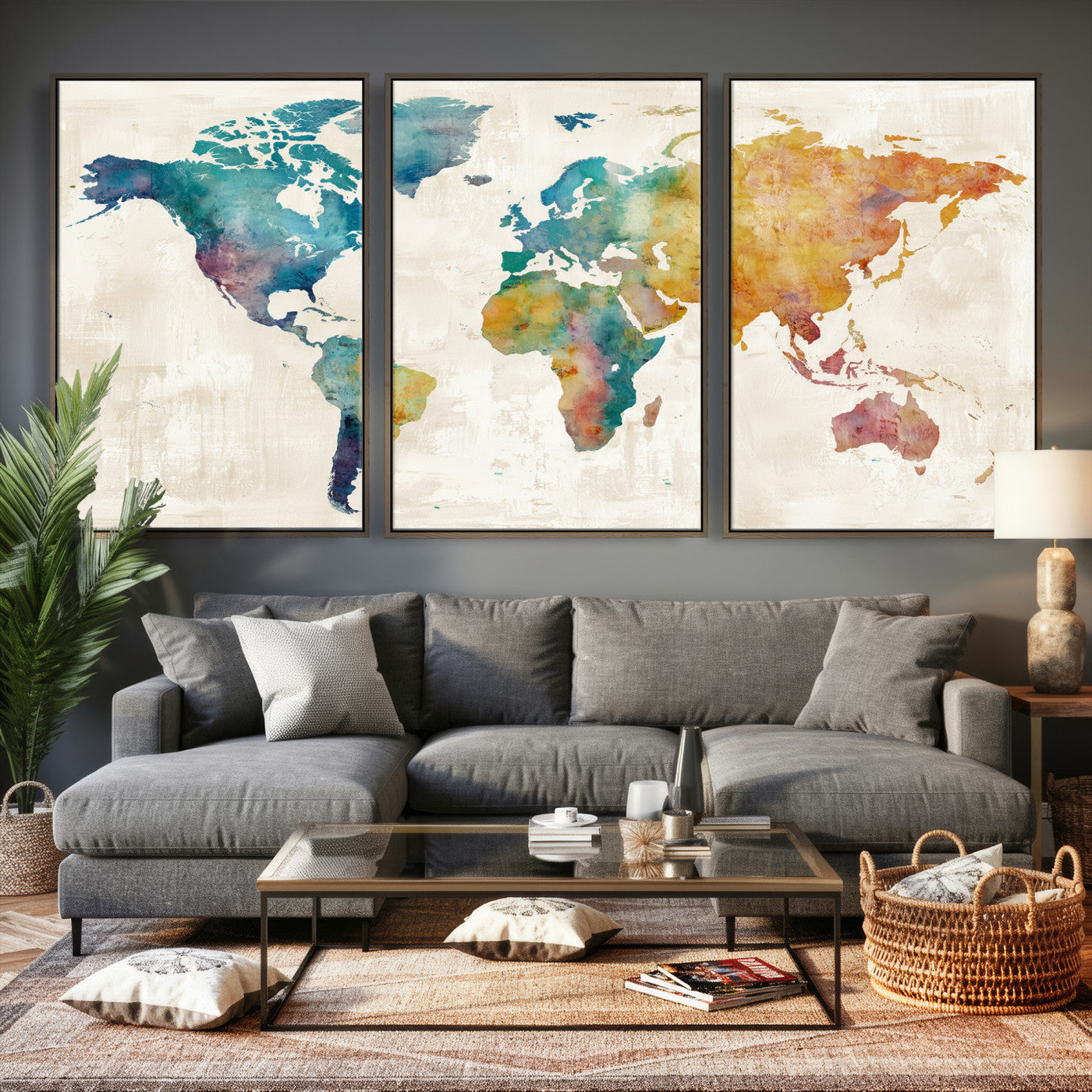 56556018-MGV-CV-36X24 - Watercolor World Map Canvas Wall Art Print – Abstract Colorful Travel Wall Decor