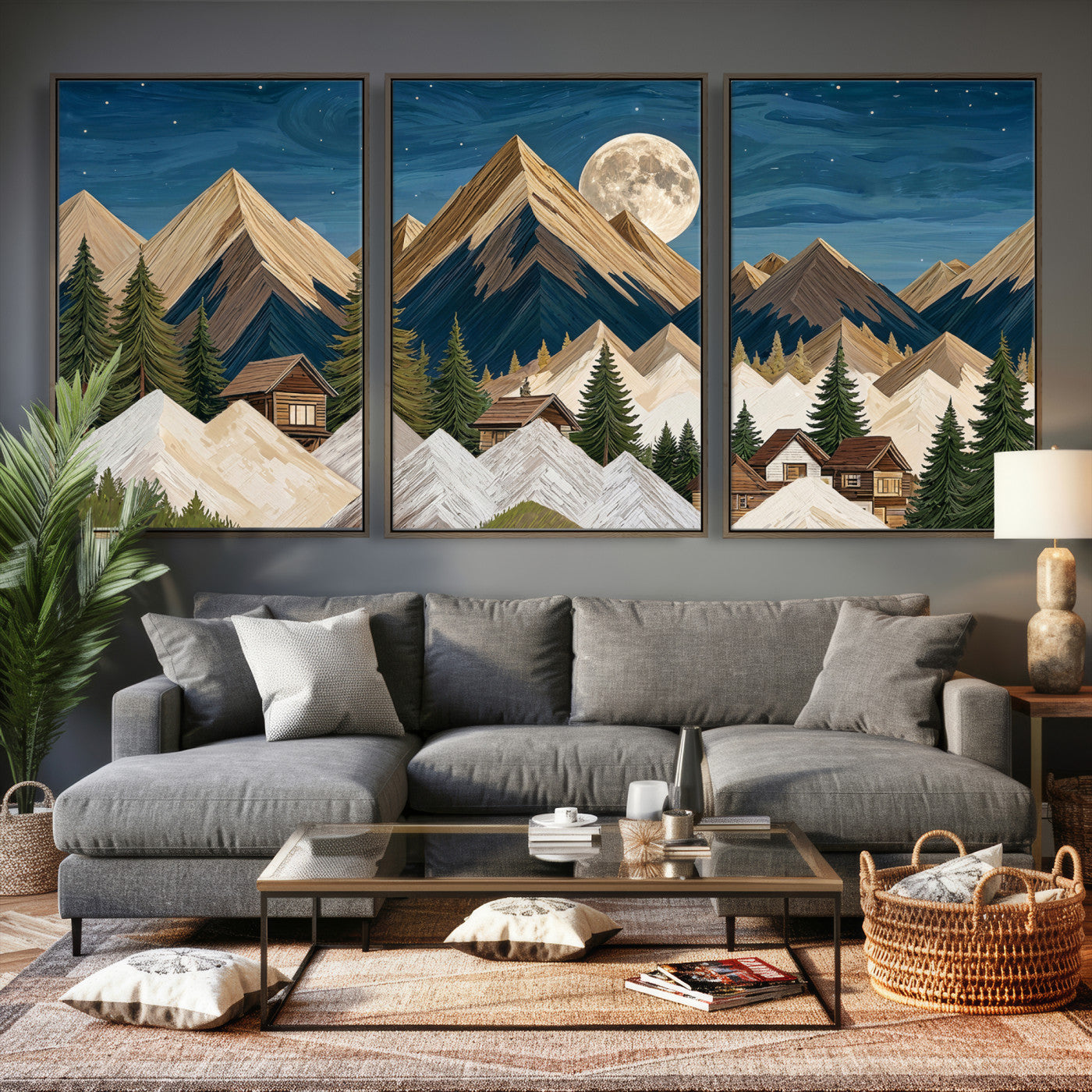 17622011MO-MGV-CV-60X30-3P - Moonlit Mountain Cabin Wall Art Canvas Print, Rustic Mountain Landscape Canvas Print, Woodland Cabin Wall Decor, Framed Nature Artwork Ready to Hang