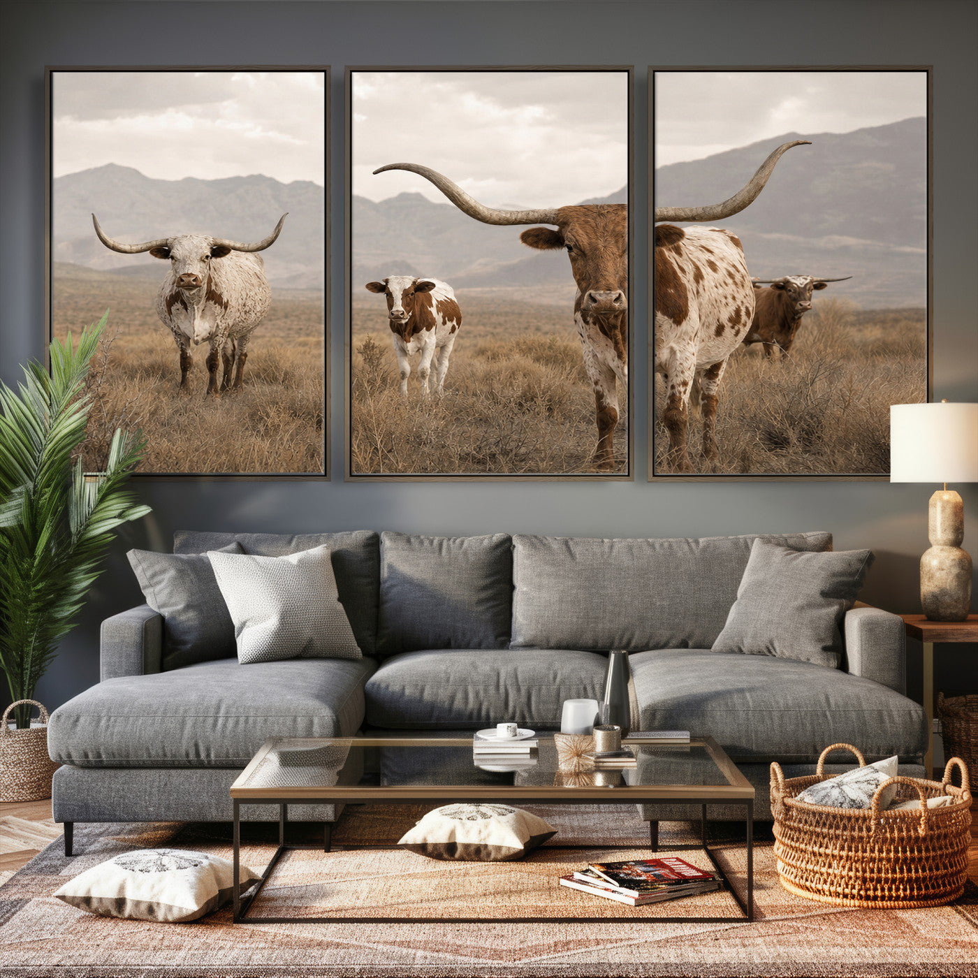 62336425AD-MGV-CV-36X24 - Rustic Texas Longhorn Cow Canvas Wall Art Print, Rustic Farm Animal Photography Print, Farmhouse Country Decor, Western Ranch Art