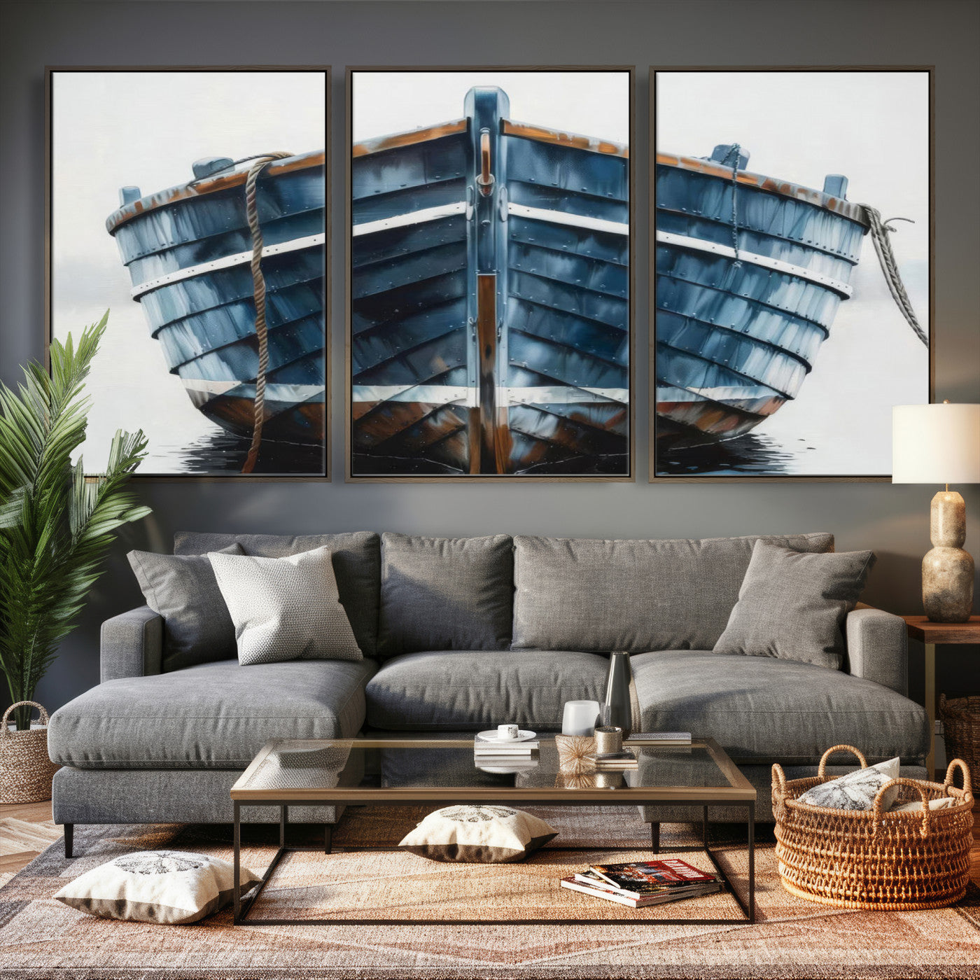 21601740-MGV-CV-36X24 - Blue Wooden Rowboat Canvas Wall Art, Coastal Nautical Boat Painting Print for Lake Beach House Decor, Minimalist Maritime Decor Artwork
