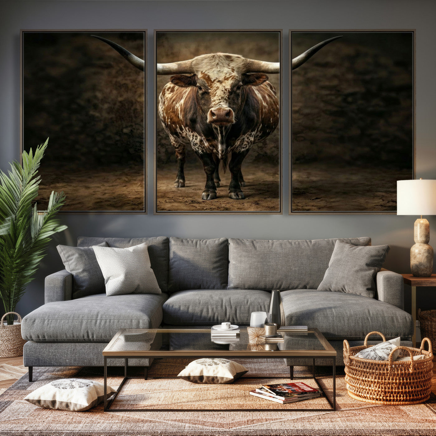 59378683-MGV-CV-60X30-3P - Texas Longhorn Bull Canvas Wall Art, Western Ranch Cattle Photography Print, Rustic Farmhouse Cowboy Decor Artwork