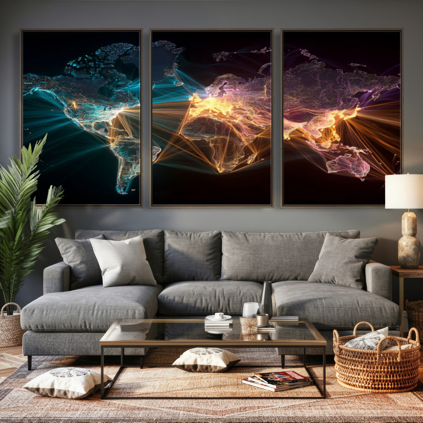 14891737-MGV-CV-36X24 - World Map and Global Flight Routes Map Canvas Wall Art, Worldwide Aviation Network Print, International Air Travel Wall Decor